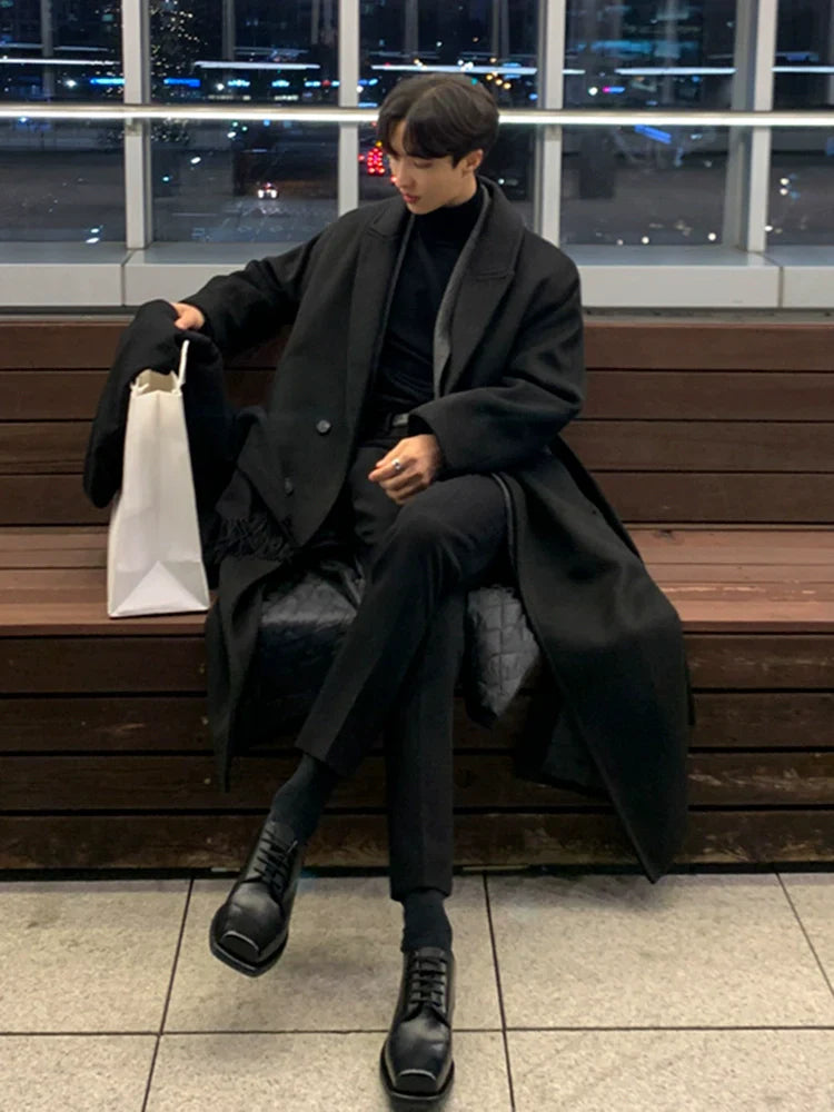 Woolen coat men's winter Korean high-end knee trench coat loose retro thickened woolen coat trendy FE0611