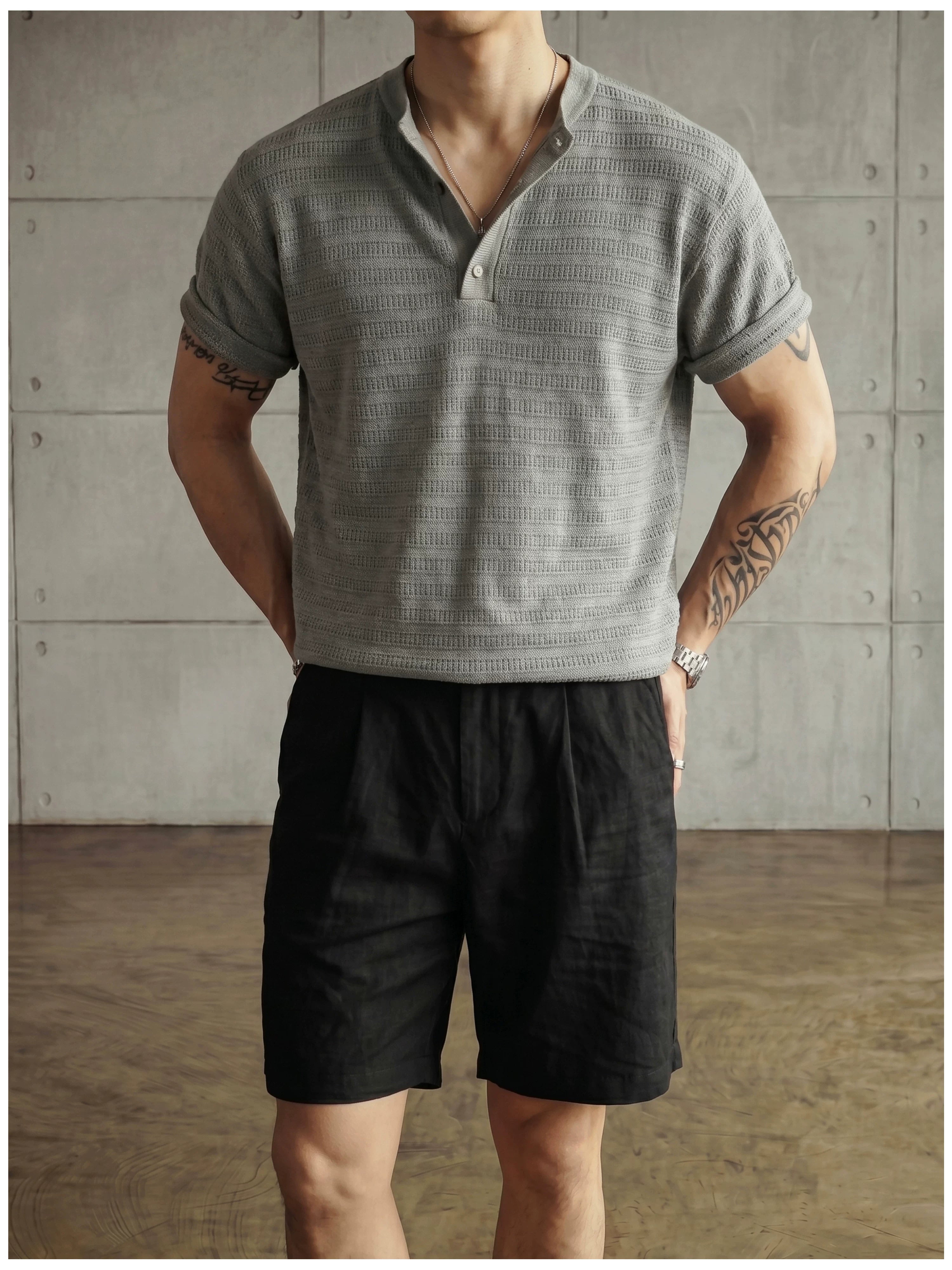 Jacquard horizontal pattern hollow texture knitted short-sleeved T-shirt FE0737