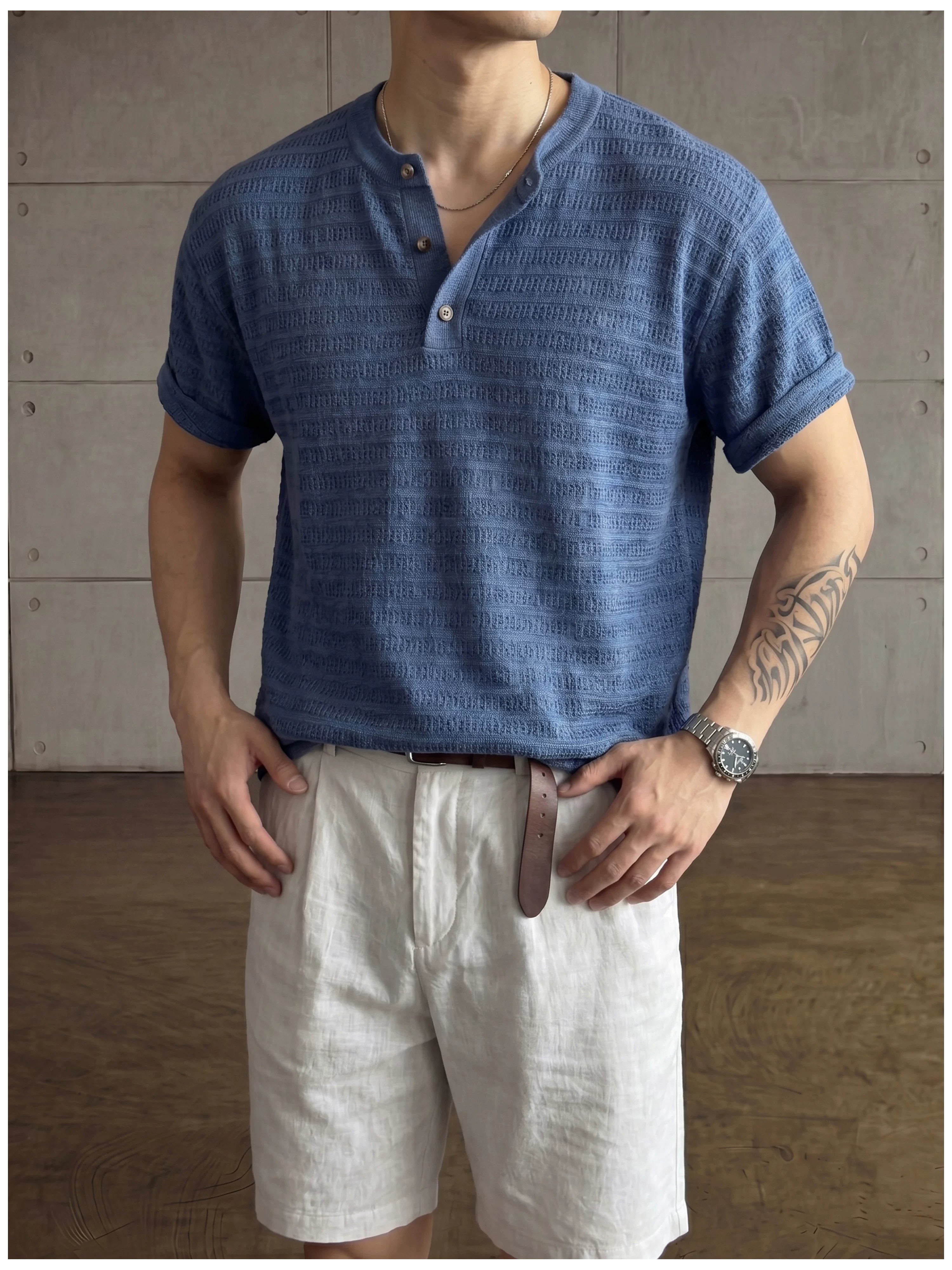 Jacquard horizontal pattern hollow texture knitted short-sleeved T-shirt FE0737