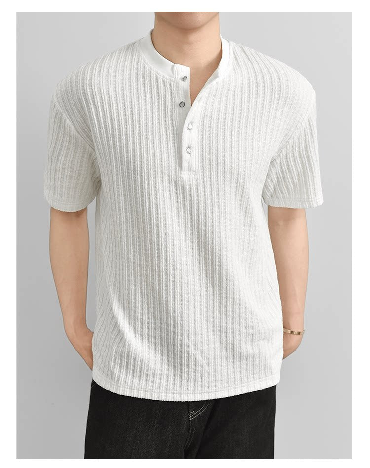 Texture Henry Neck Short Sleeve T-Shirt Button V-Neck Vintage Pit Strip Knitted FE0724