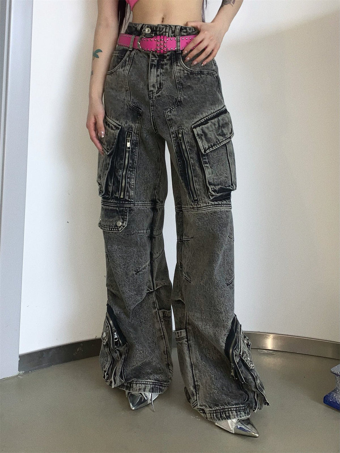 Multi-pocket wide leg casual jeans FE0420
