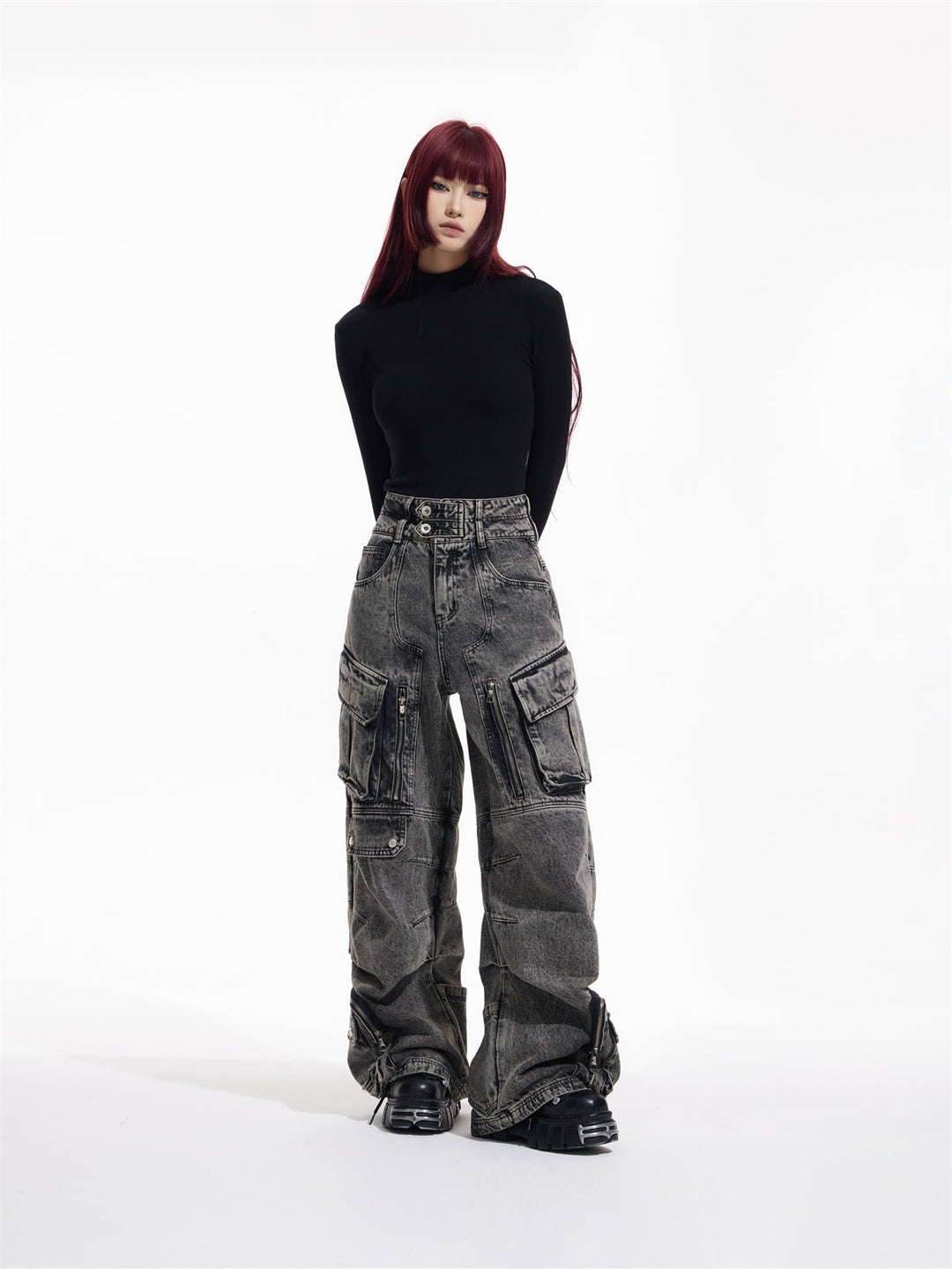 Multi-pocket wide leg casual jeans FE0420