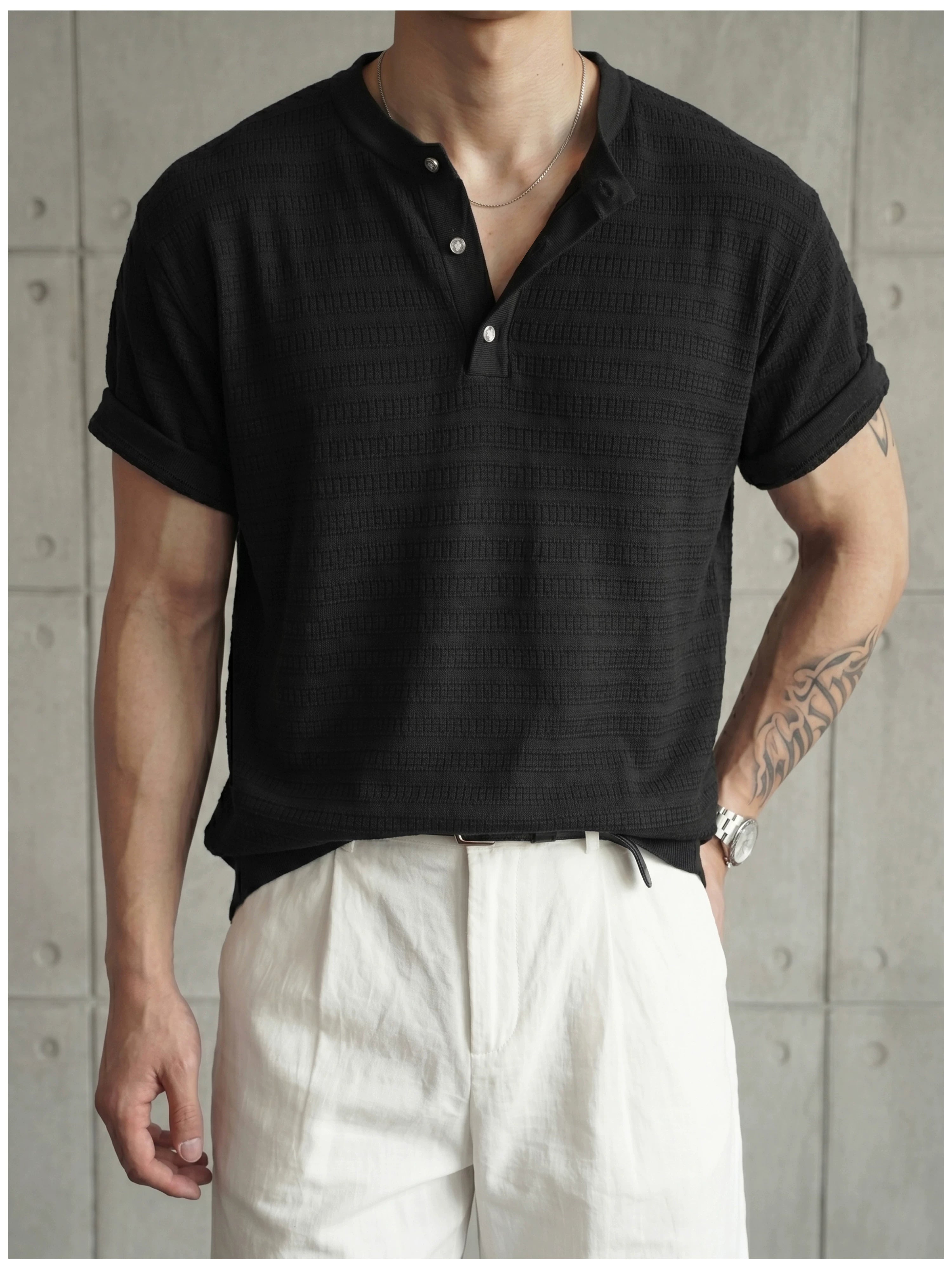 Jacquard horizontal pattern hollow texture knitted short-sleeved T-shirt FE0737
