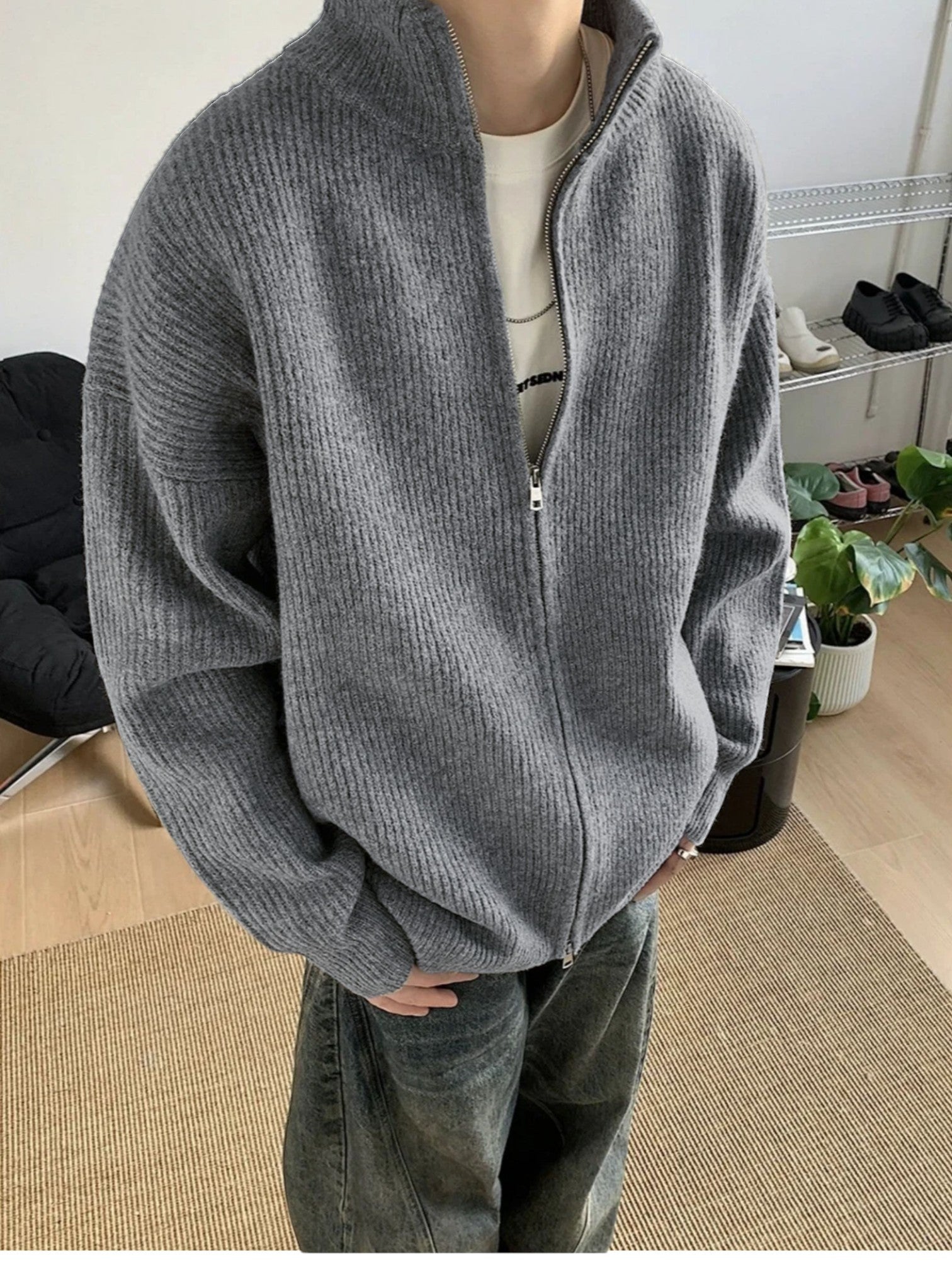 KOREAN RIBBED ZIP-UP HIGH COLLAR shirt FE0195