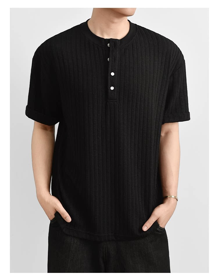 Texture Henry Neck Short Sleeve T-Shirt Button V-Neck Vintage Pit Strip Knitted FE0724