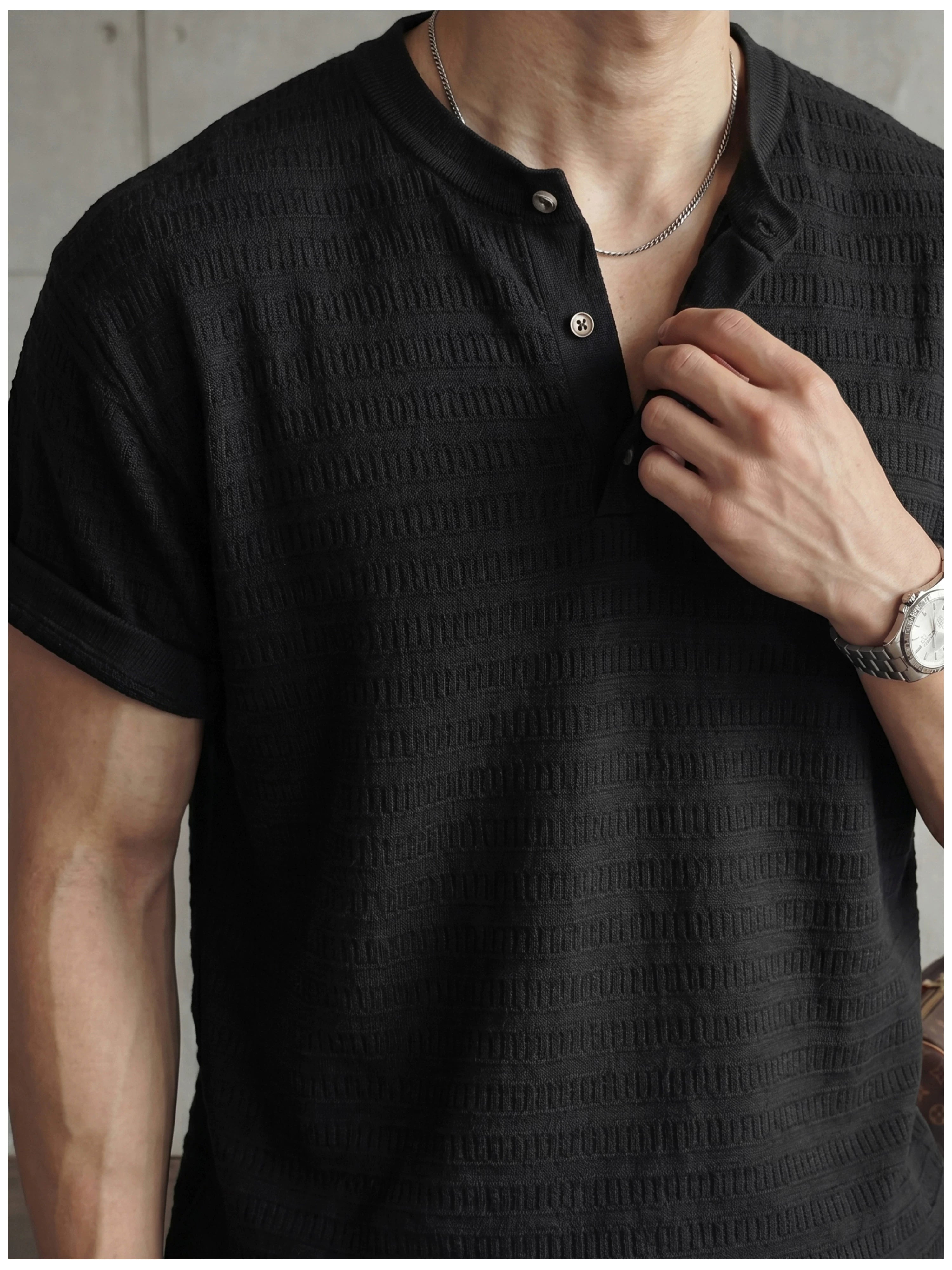 Jacquard horizontal pattern hollow texture knitted short-sleeved T-shirt FE0737