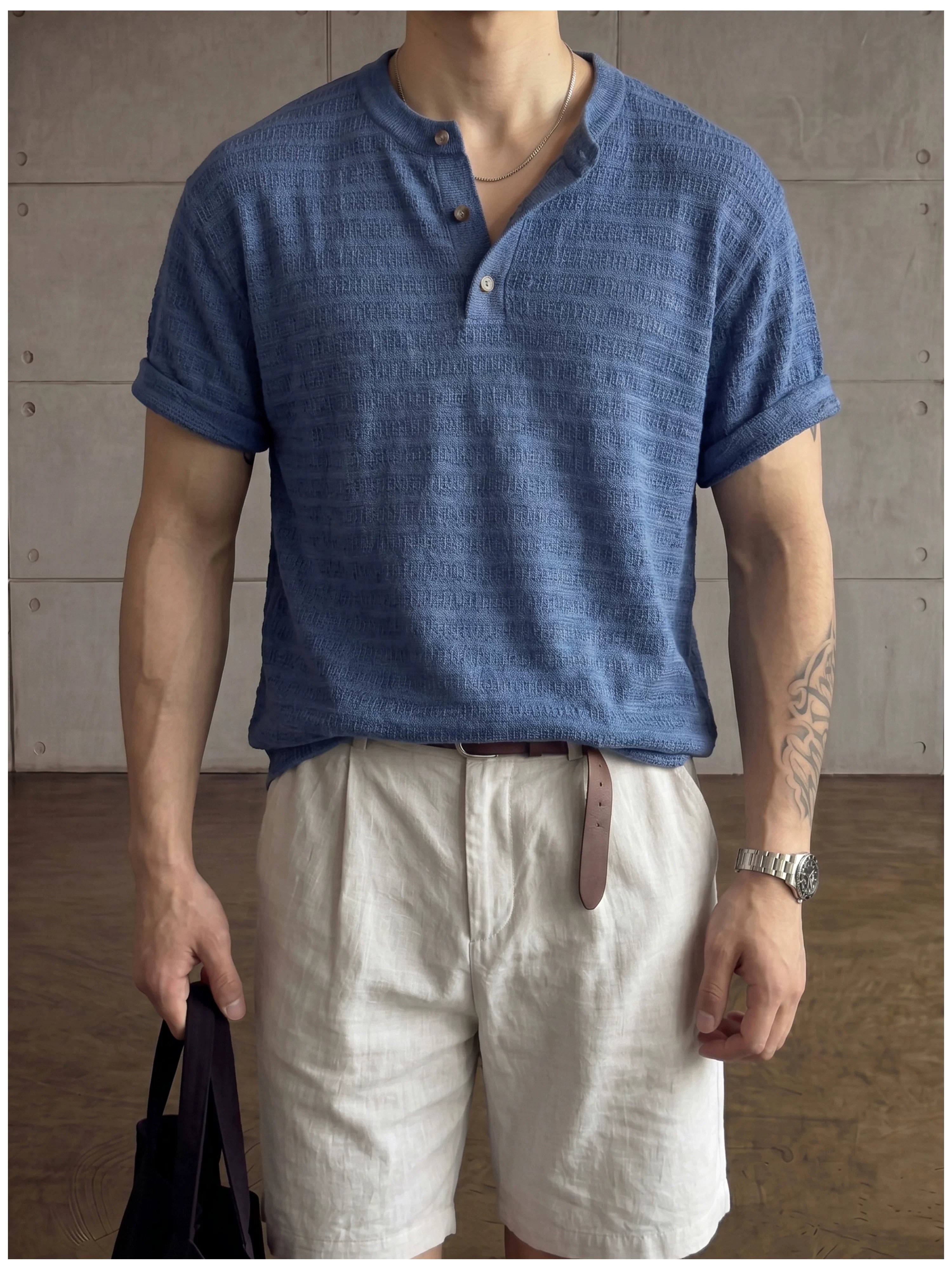 Jacquard horizontal pattern hollow texture knitted short-sleeved T-shirt FE0737