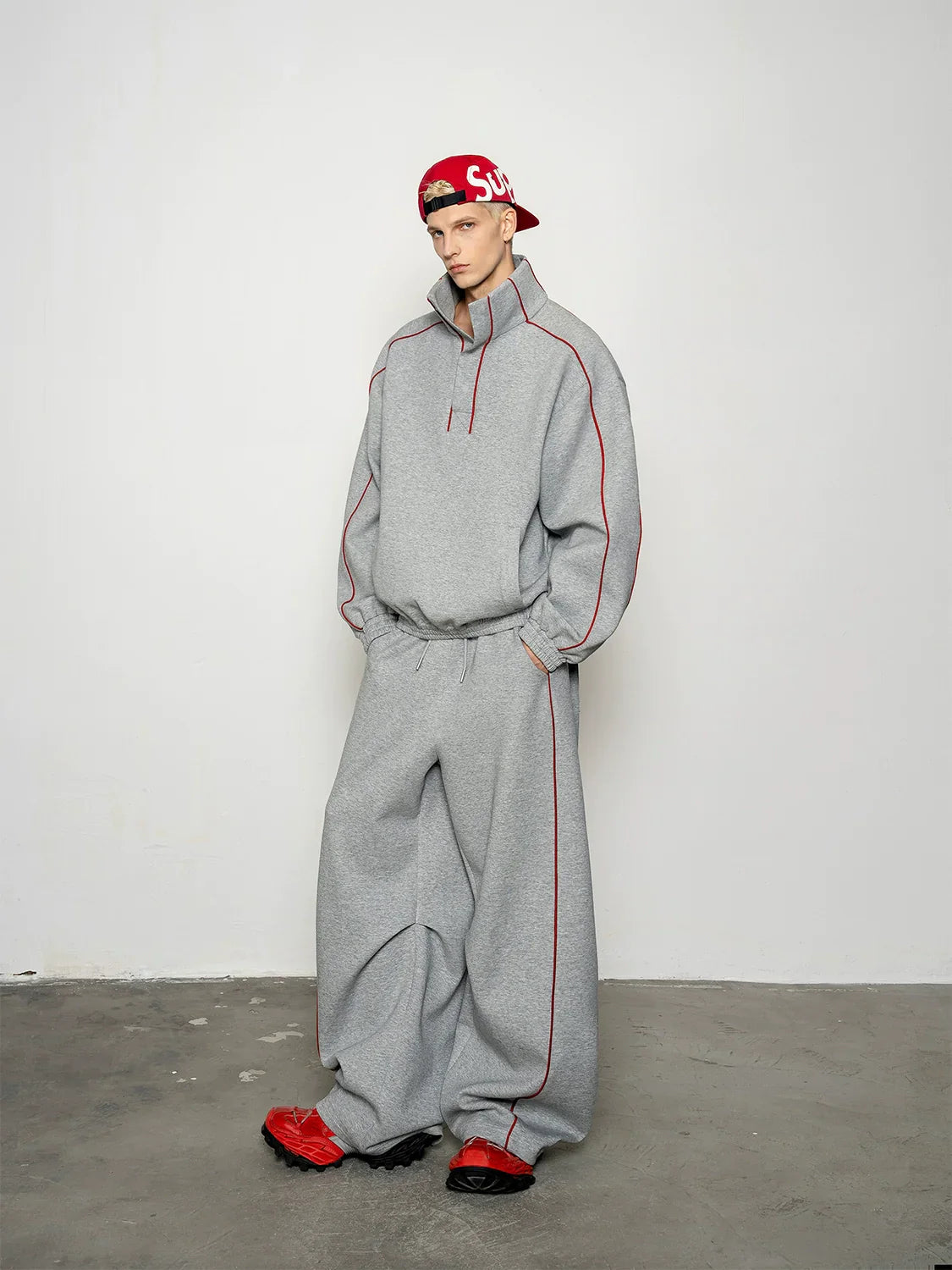 niche deconstruction contrasting color air layer turtleneck sweater men's scimitar casual pants sports suit FE0602