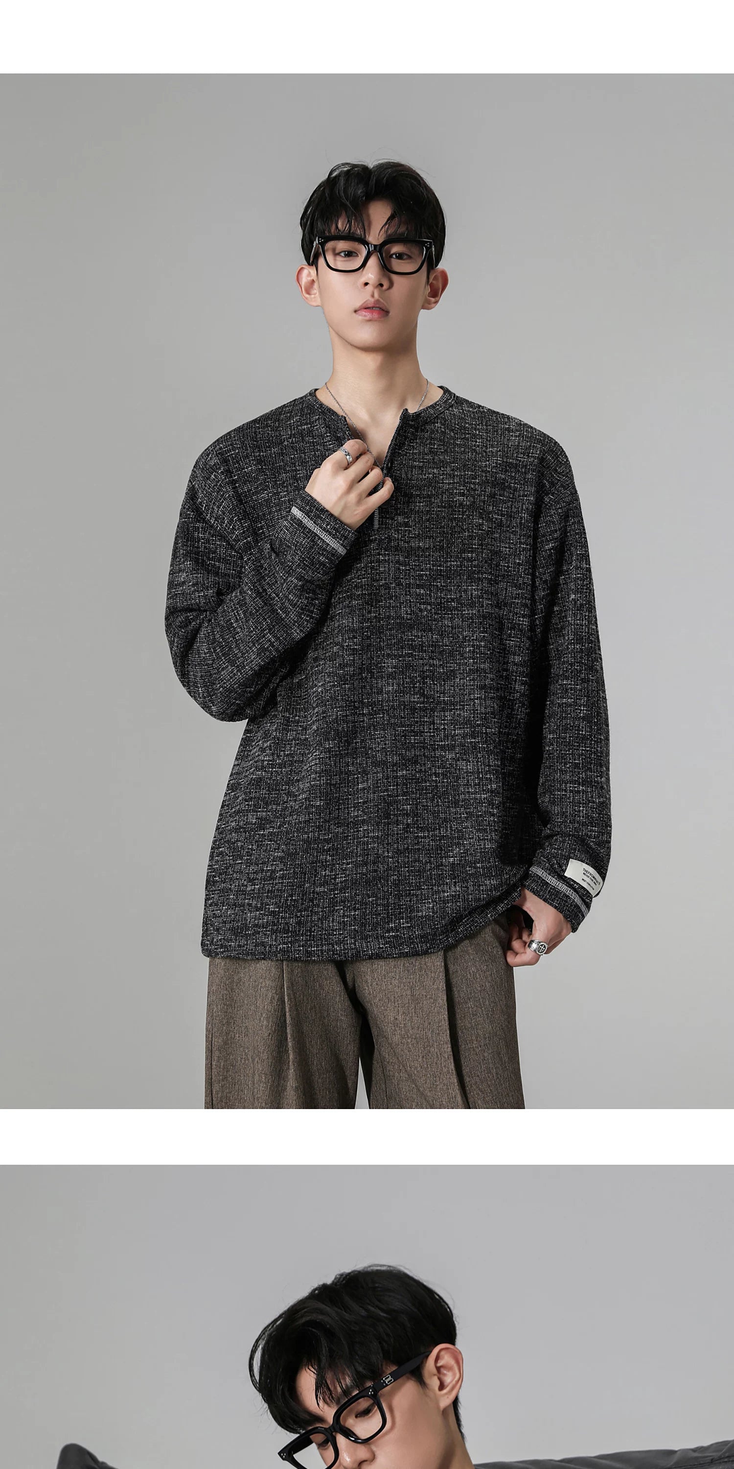 Grey Henry Neck Long Sleeve T-Shirt FE0713