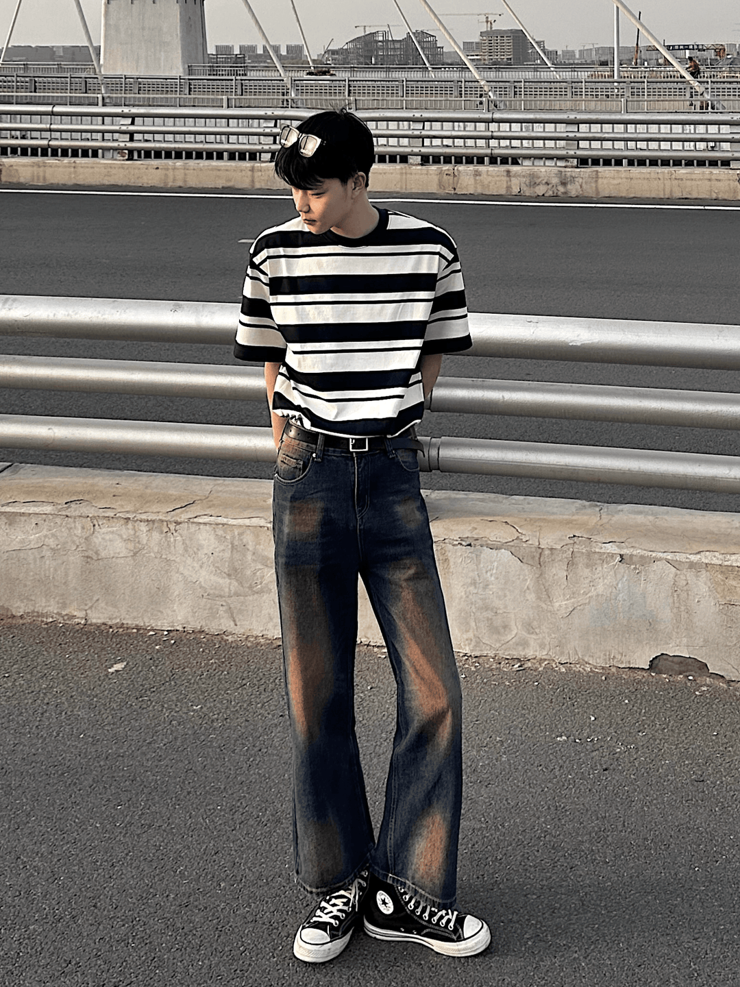 Washed contrast color wide leg jeans FE0437