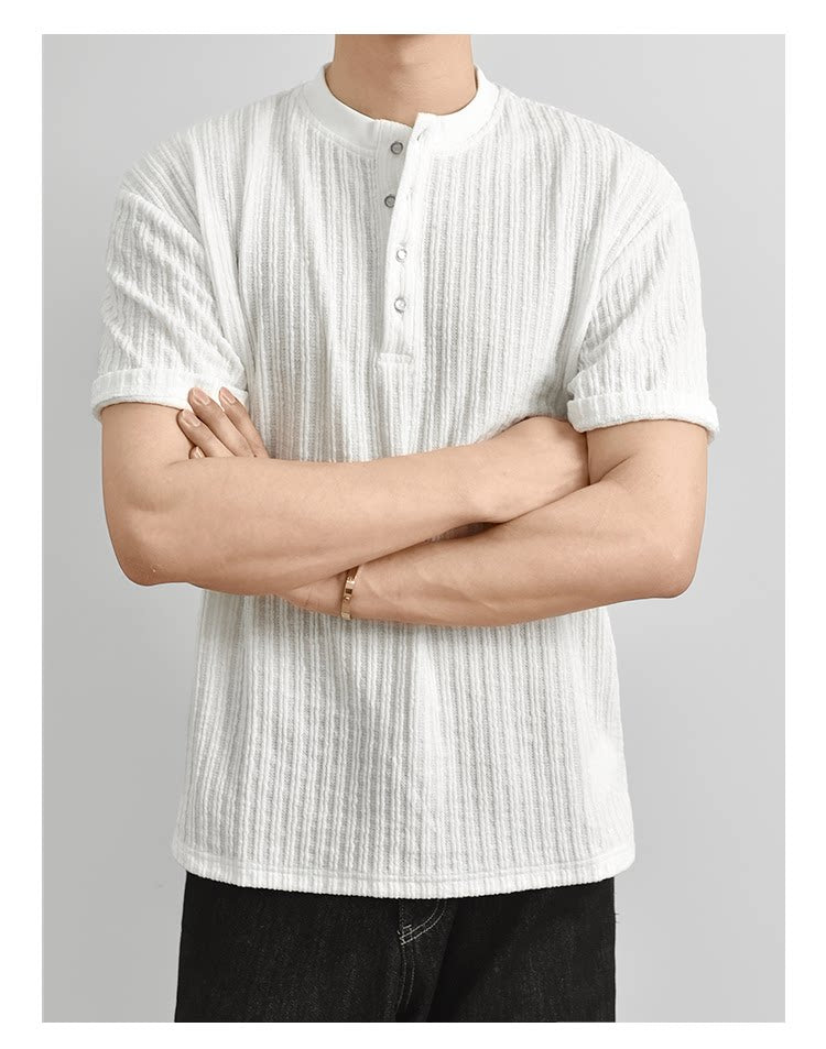 Texture Henry Neck Short Sleeve T-Shirt Button V-Neck Vintage Pit Strip Knitted FE0724