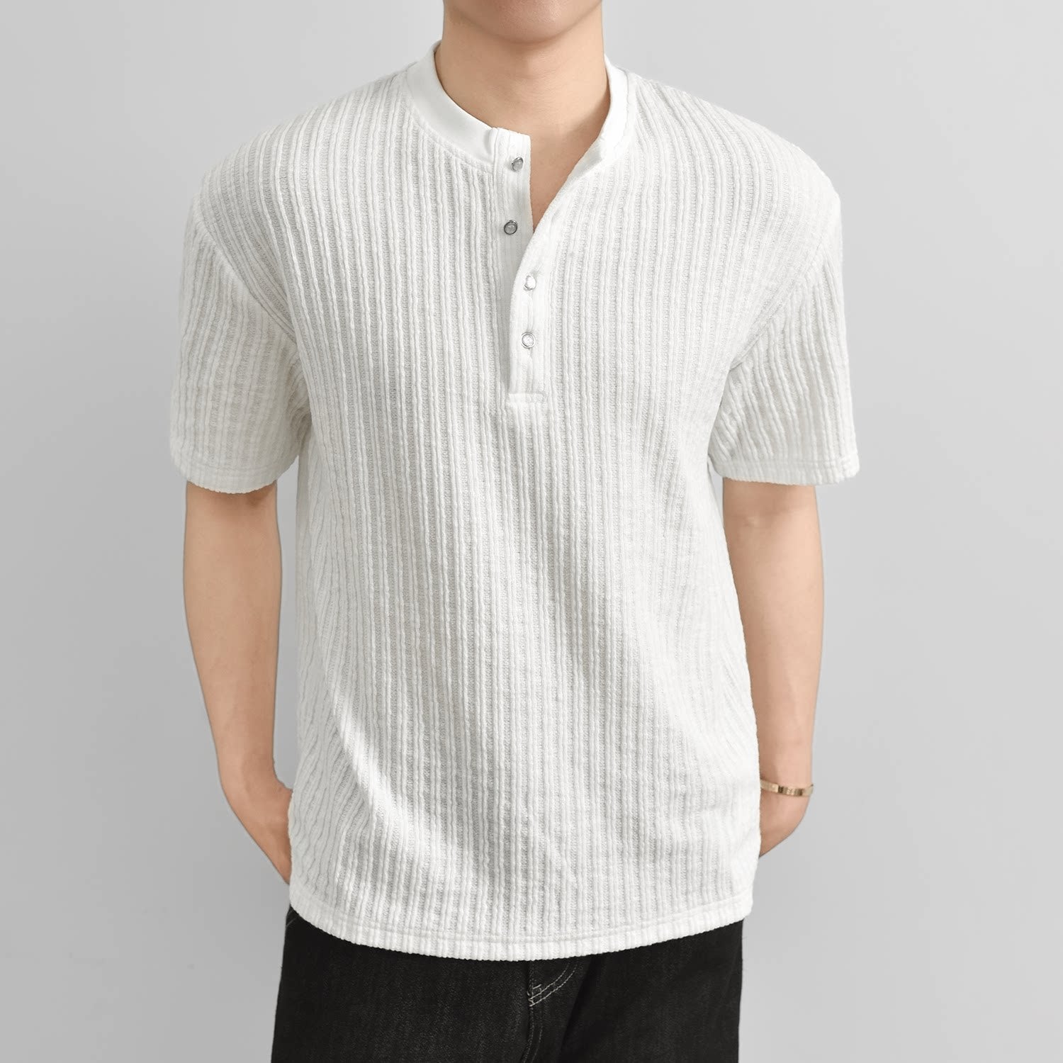 Texture Henry Neck Short Sleeve T-Shirt Button V-Neck Vintage Pit Strip Knitted FE0724