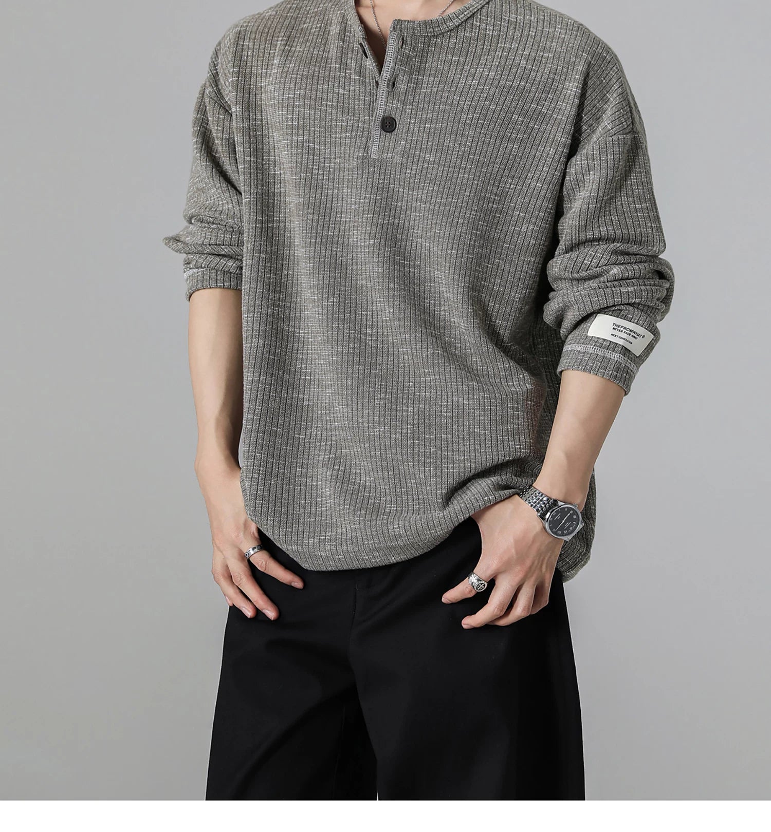 Grey Henry Neck Long Sleeve T-Shirt FE0713
