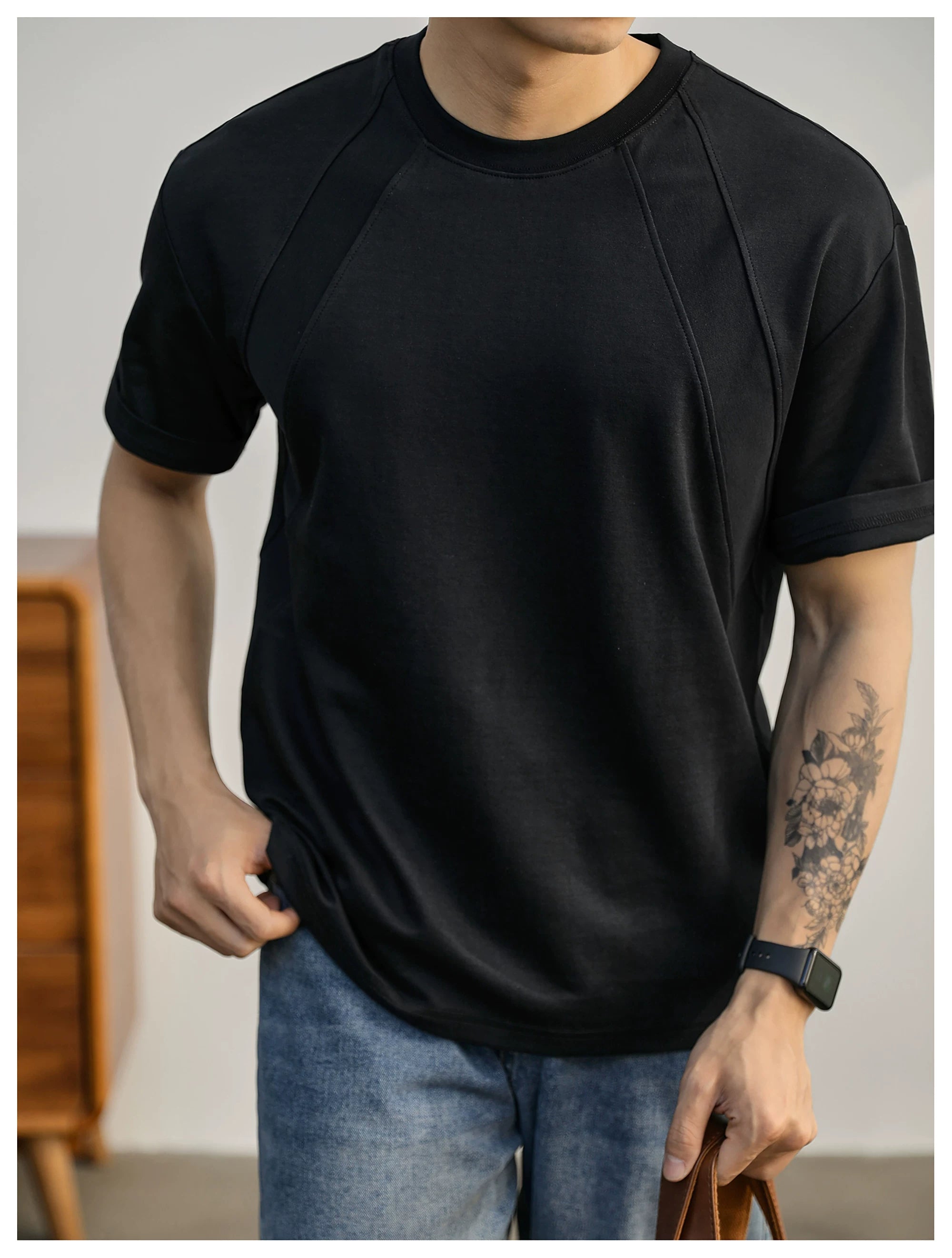 Summer American Splicing Micro Wide Half Sleeve Deconstruction Crisp T-Shirt FE0734
