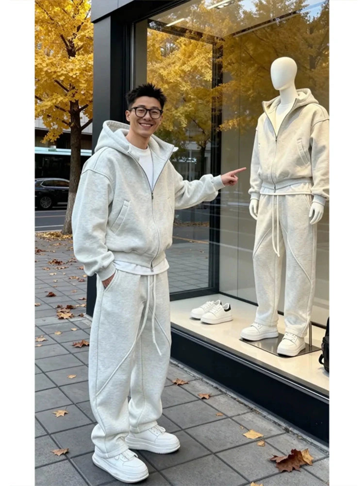 White grey hooded cardigan sweater set FE0241