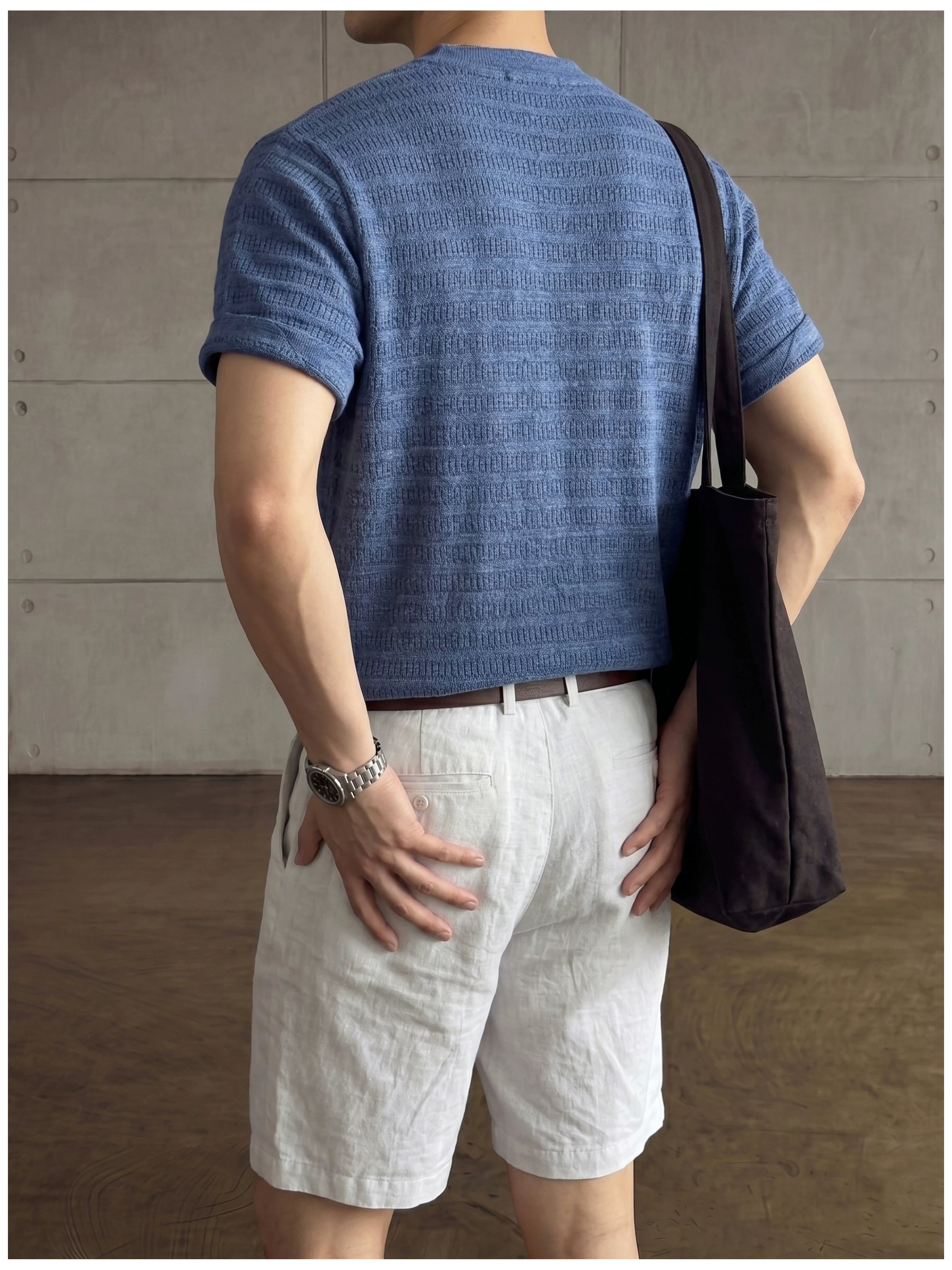 Jacquard horizontal pattern hollow texture knitted short-sleeved T-shirt FE0737