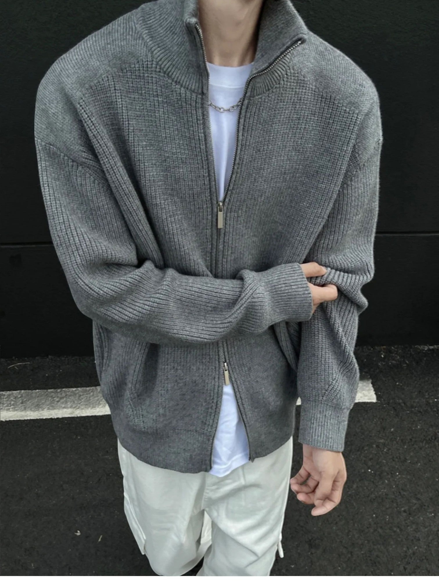 KOREAN RIBBED ZIP-UP HIGH COLLAR shirt FE0195
