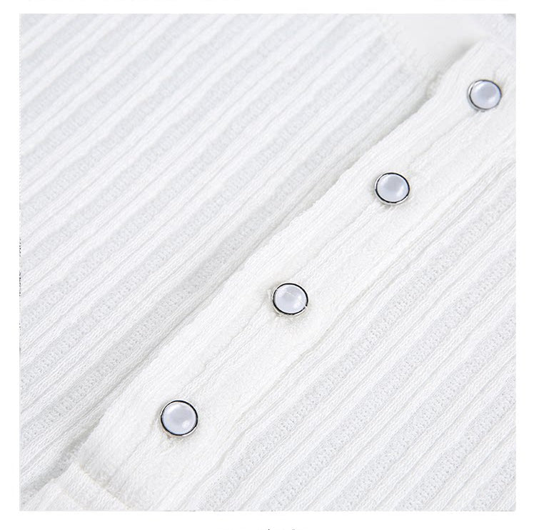 Texture Henry Neck Short Sleeve T-Shirt Button V-Neck Vintage Pit Strip Knitted FE0724