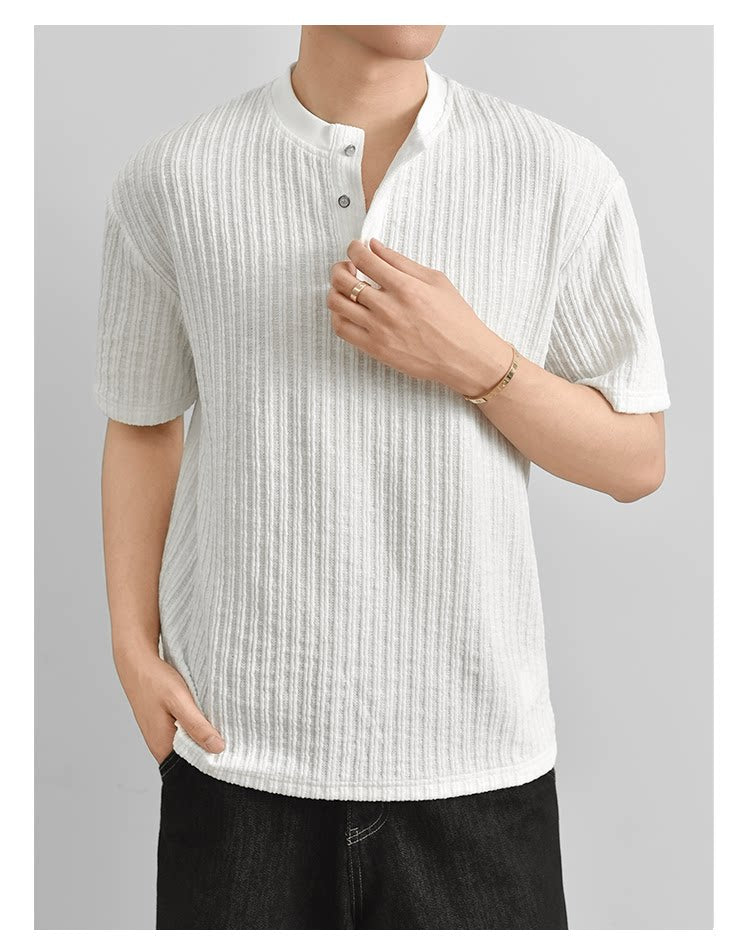 Texture Henry Neck Short Sleeve T-Shirt Button V-Neck Vintage Pit Strip Knitted FE0724