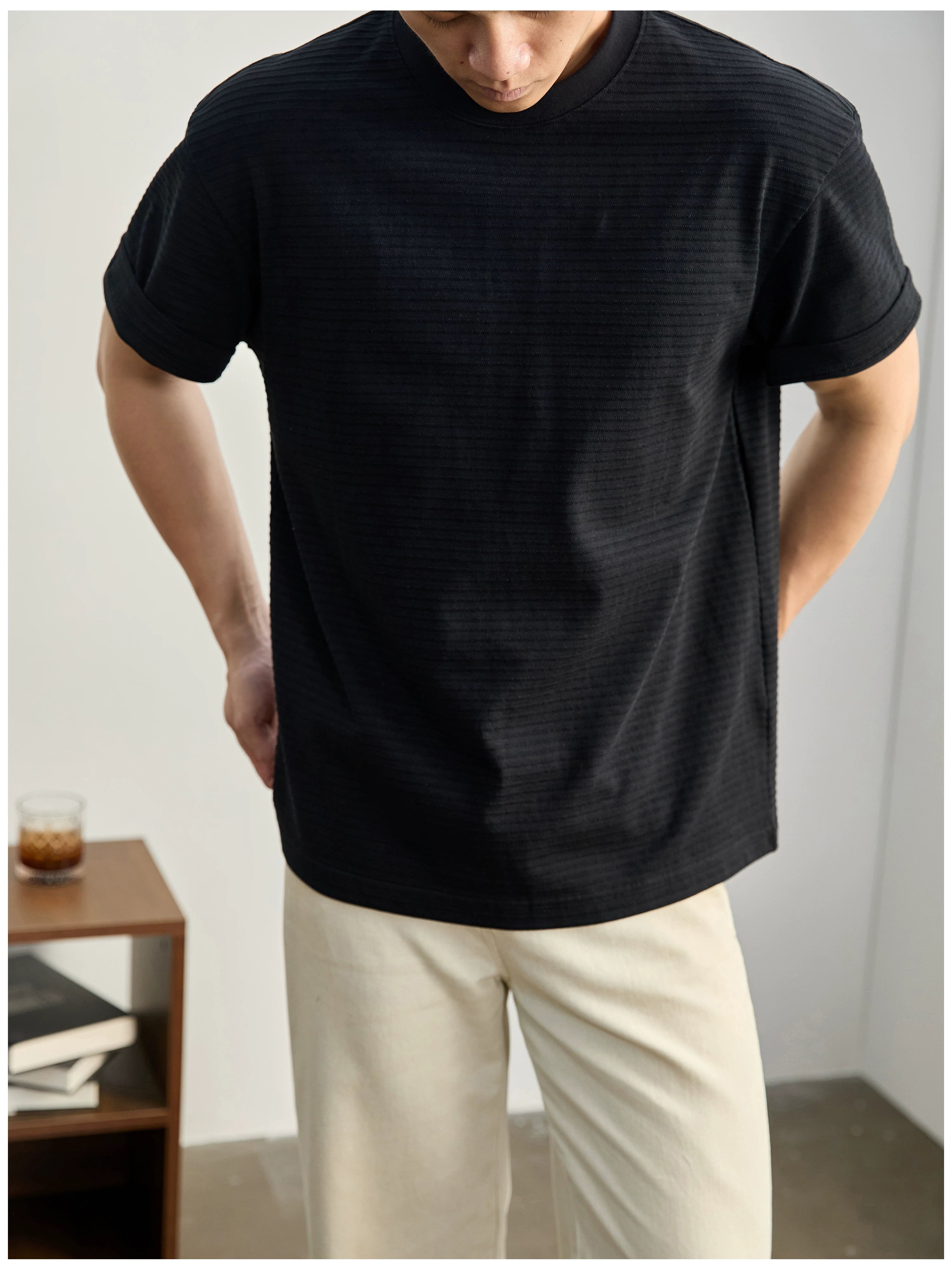 Three-dimensional horizontal jacquard texture solid color T-shirt FE0730