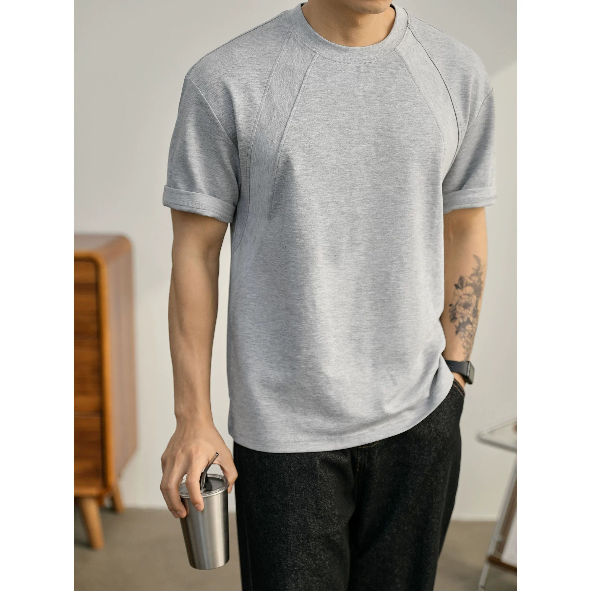 Summer American Splicing Micro Wide Half Sleeve Deconstruction Crisp T-Shirt FE0734