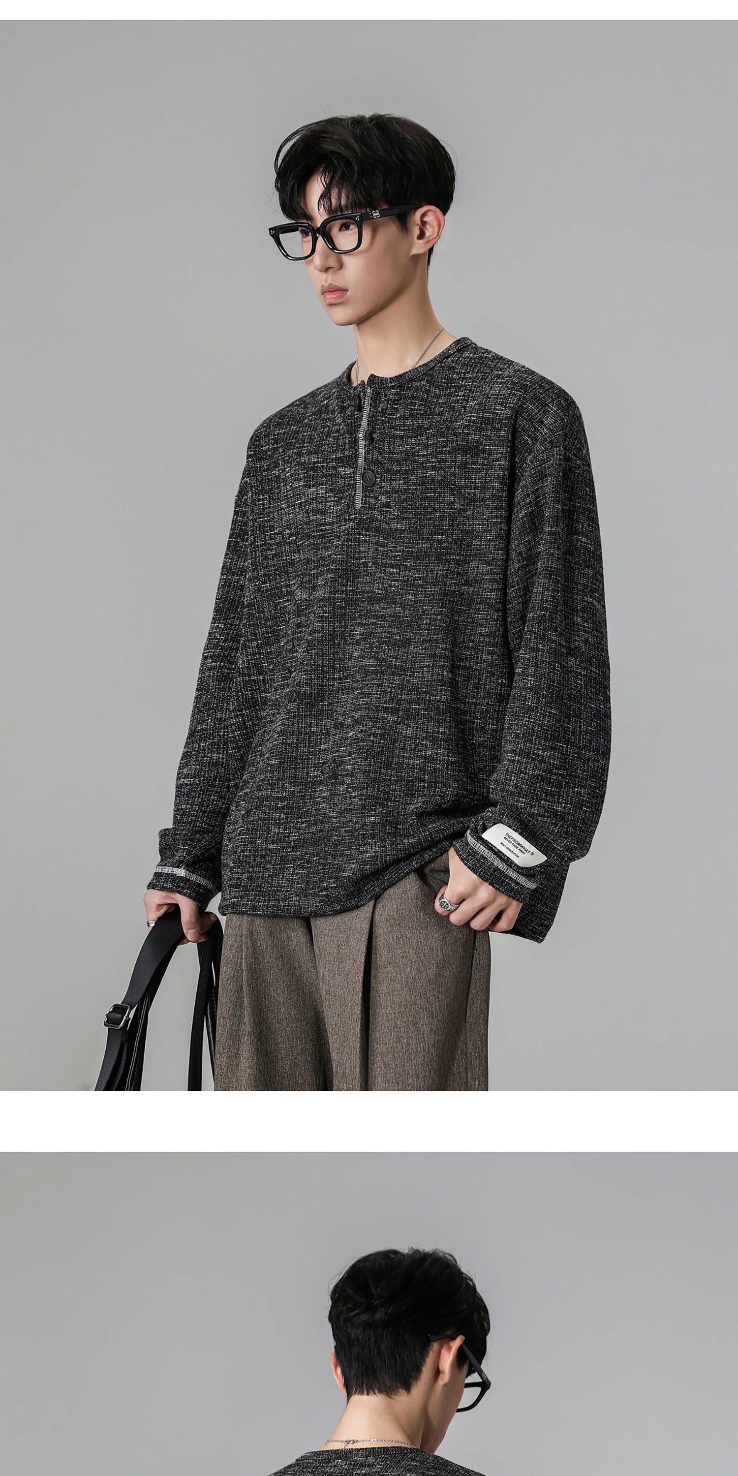 Grey Henry Neck Long Sleeve T-Shirt FE0713