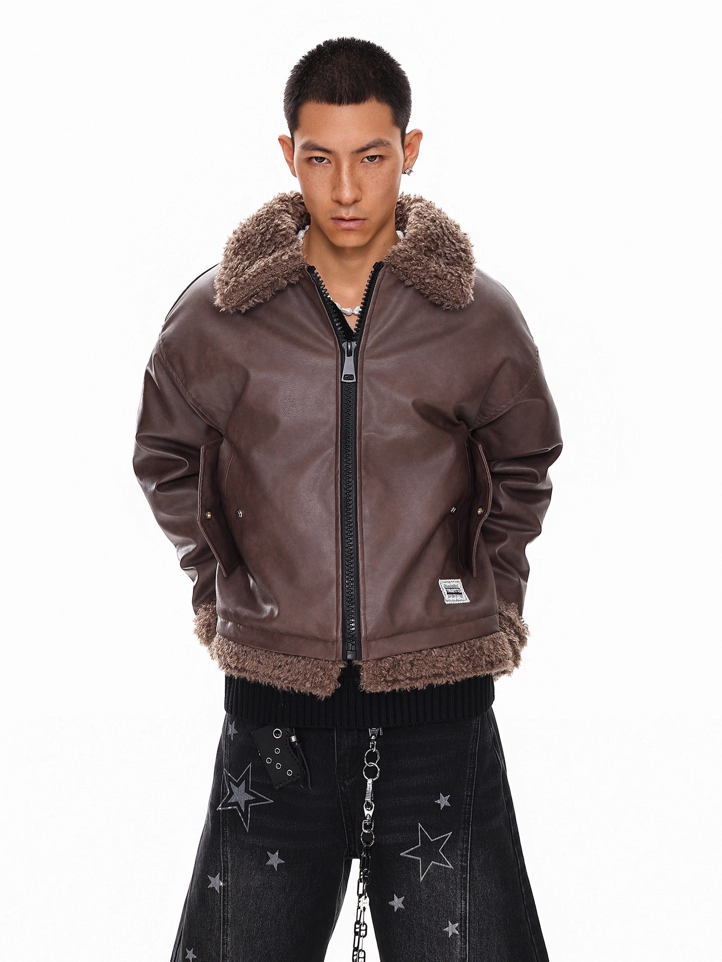 FAUX LEATHER SHEARLING-COLLAR JACKET FE0143