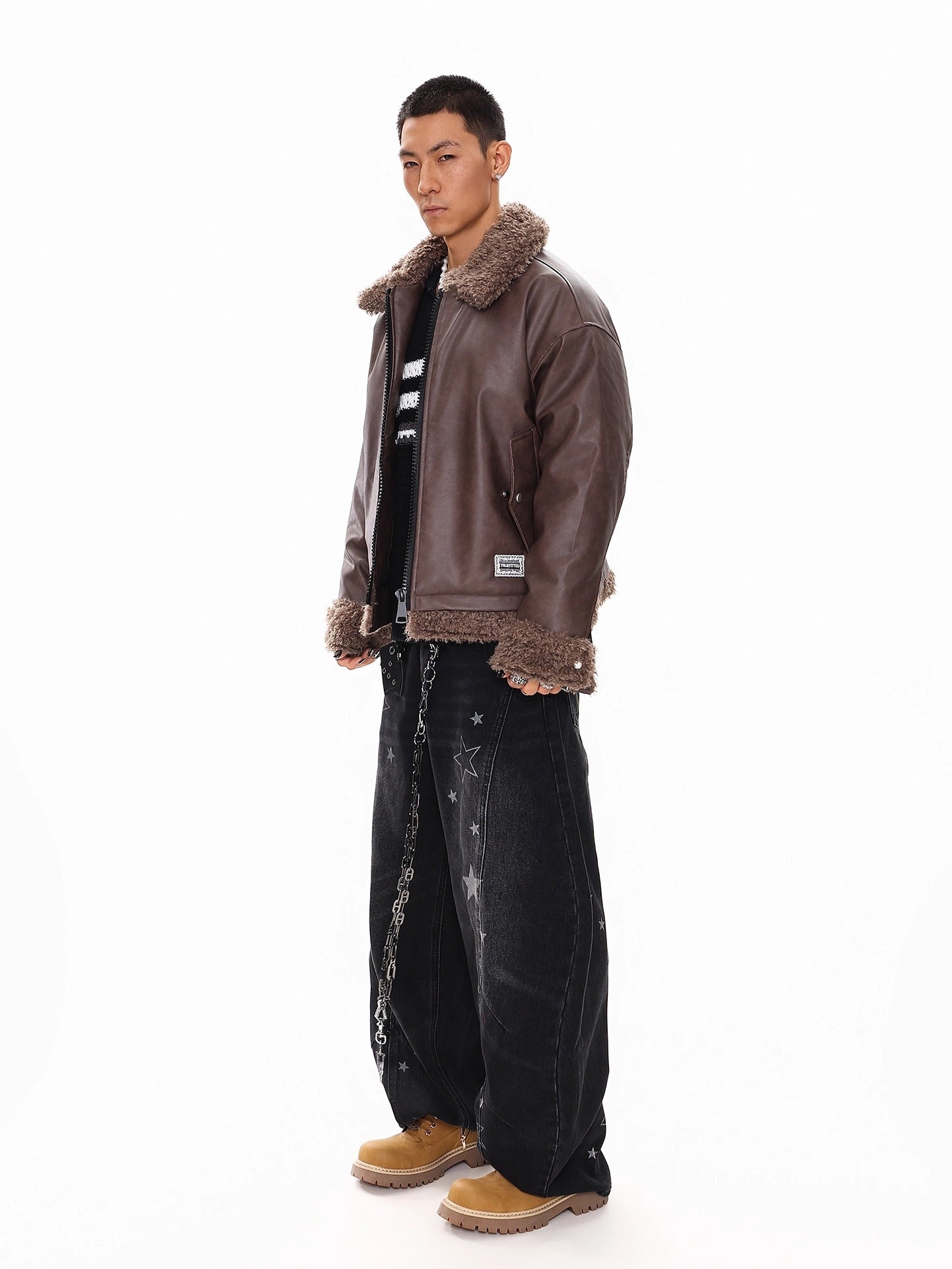 FAUX LEATHER SHEARLING-COLLAR JACKET FE0143