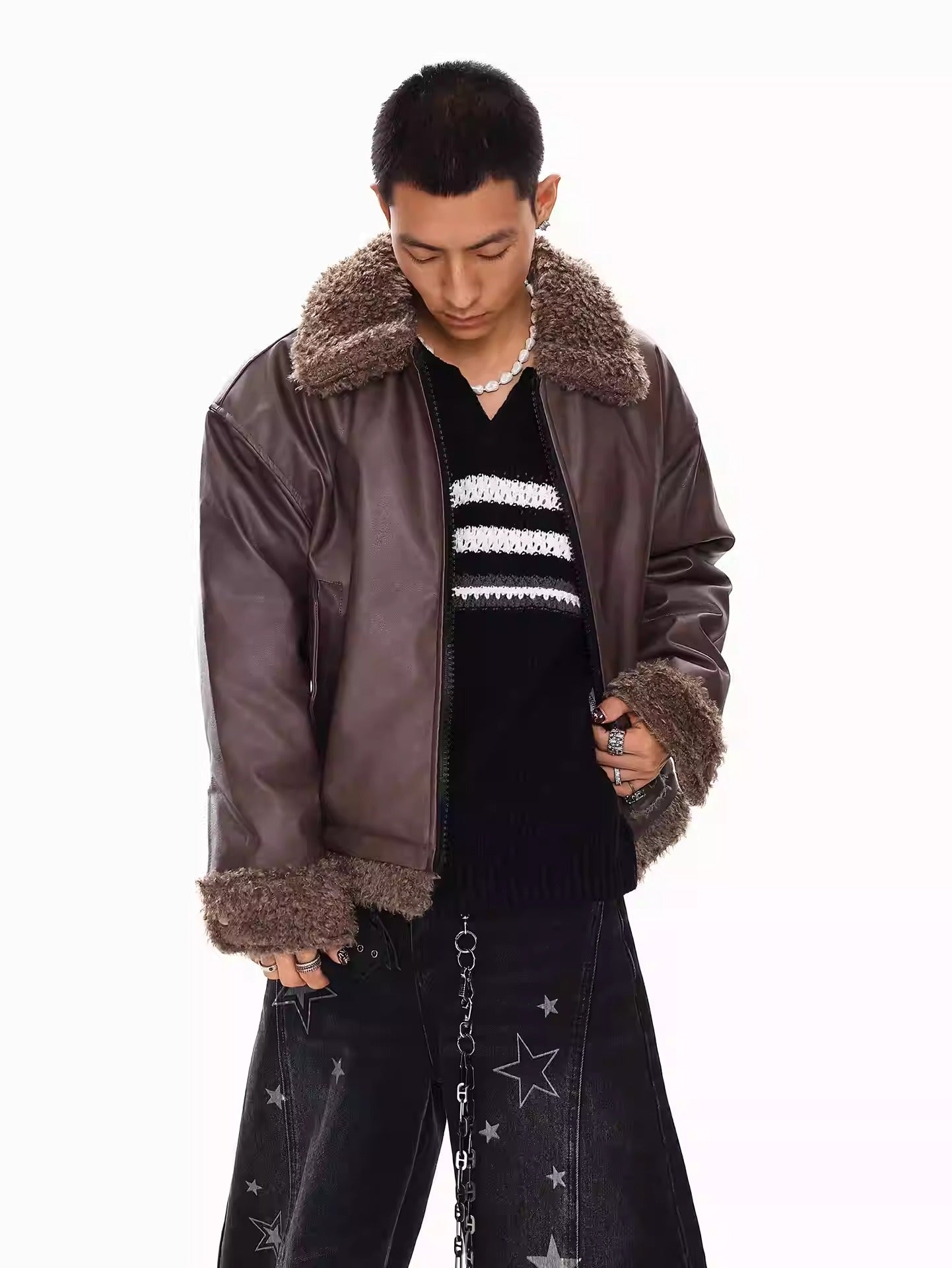 FAUX LEATHER SHEARLING-COLLAR JACKET FE0143
