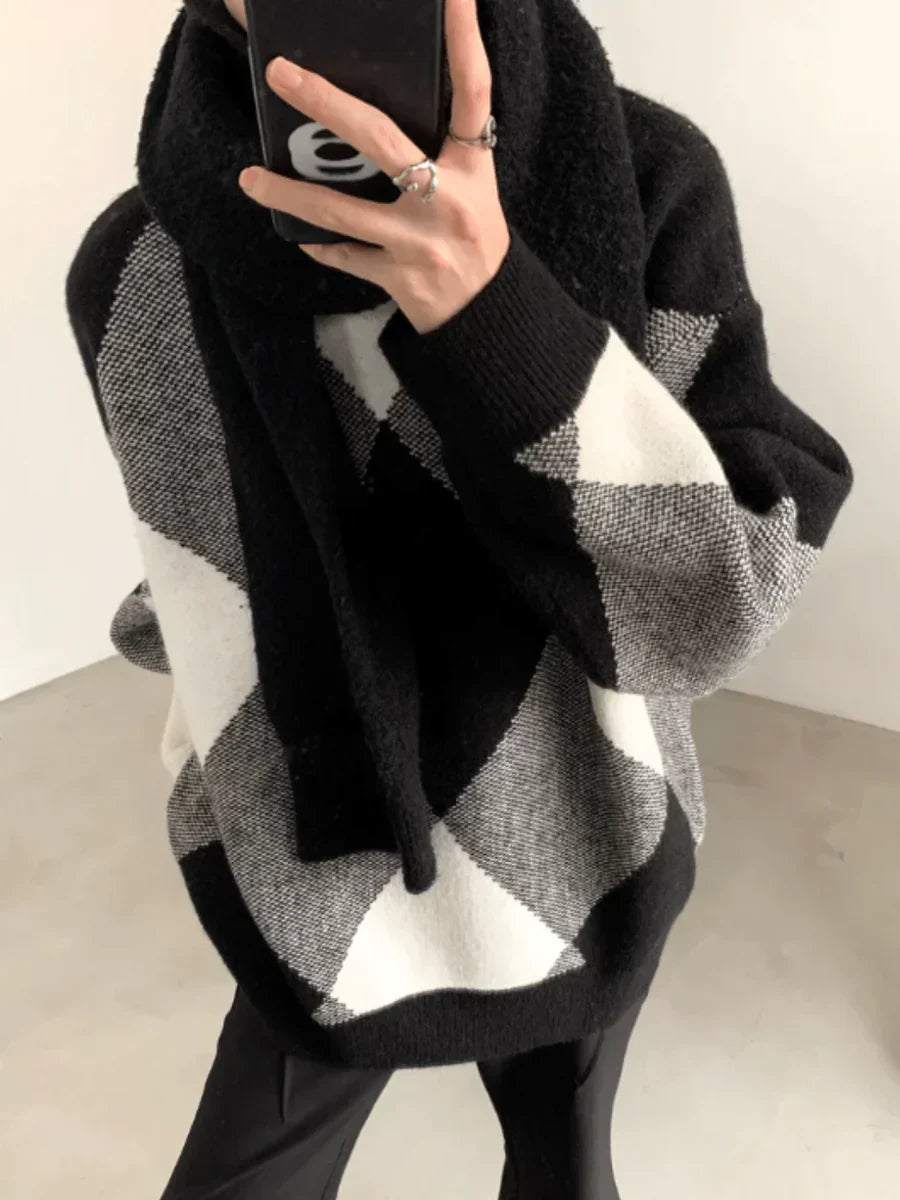 [AUTUMNWIND] BLACK AND WHITE HIGH-END DESIGN TURTLENECK SWEATER FE0650