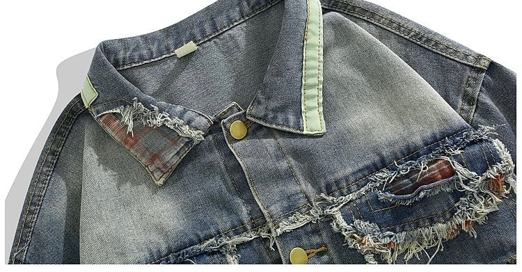 Men’s Vintage American Patchwork Frayed Denim Jacke  FE0331