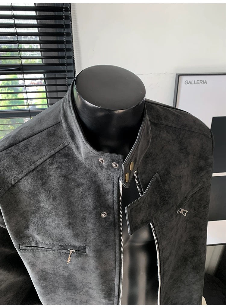 Men’s Vintage Tie-Dye PU Leather Jacket – Stand Collar Streetwear Outerwear   FE0016
