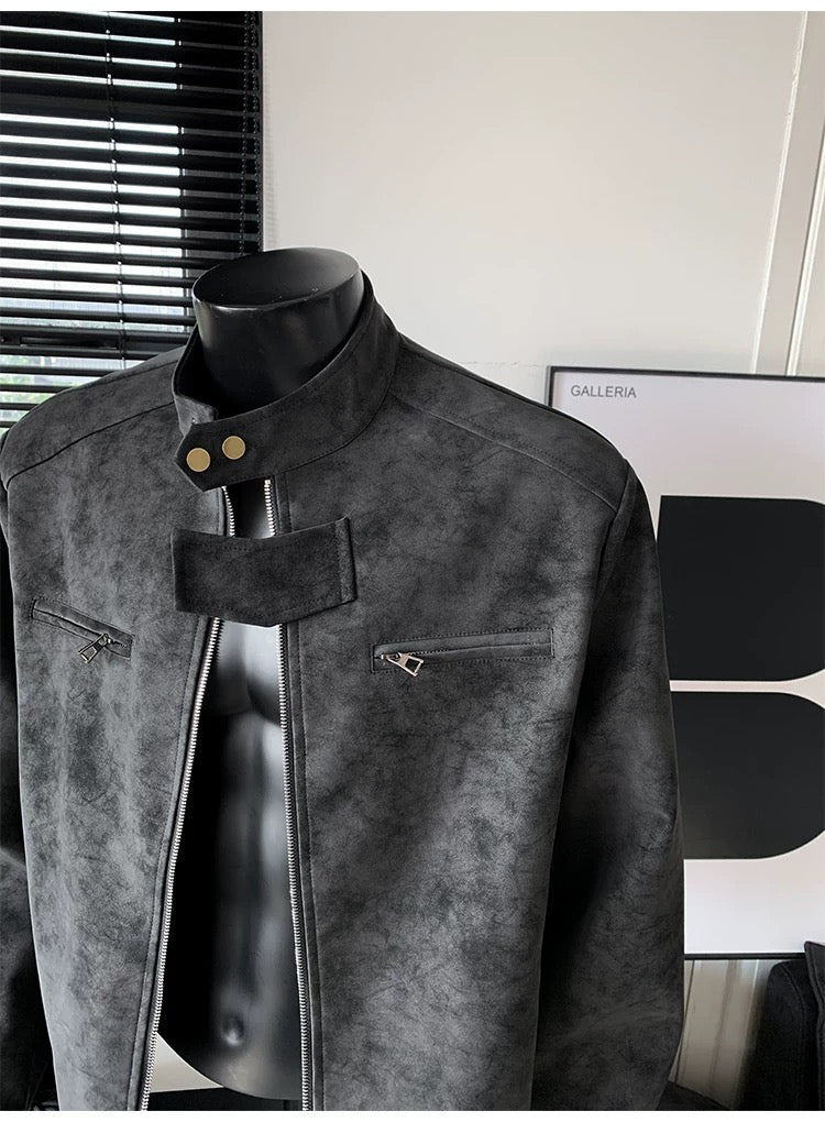 Men’s Vintage Tie-Dye PU Leather Jacket – Stand Collar Streetwear Outerwear   FE0016