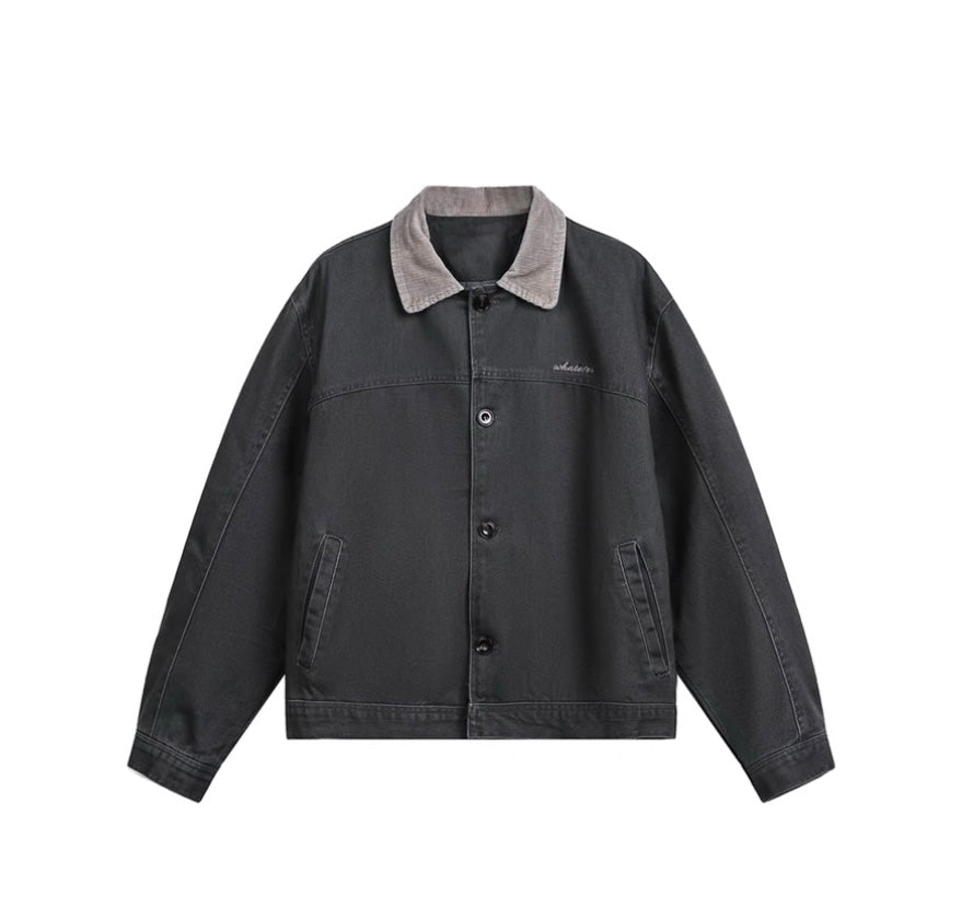 Men’s Color-Block Workwear Jacket – American Retro Contrast Collar Utility Outerwear  FE0005