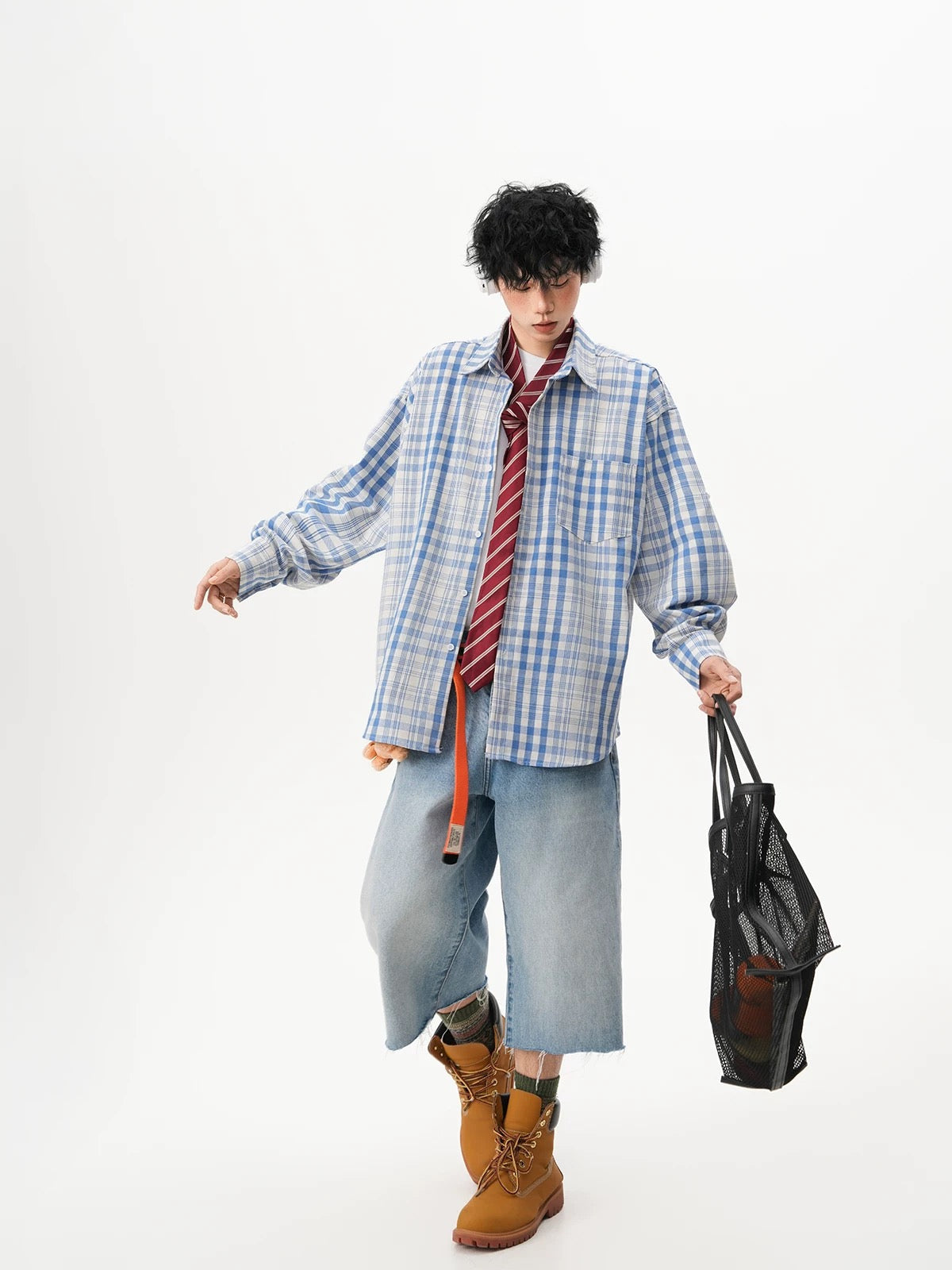 Men’s Vintage Blue Plaid Shirt – American Retro Street Casual Overshirt   FE0316