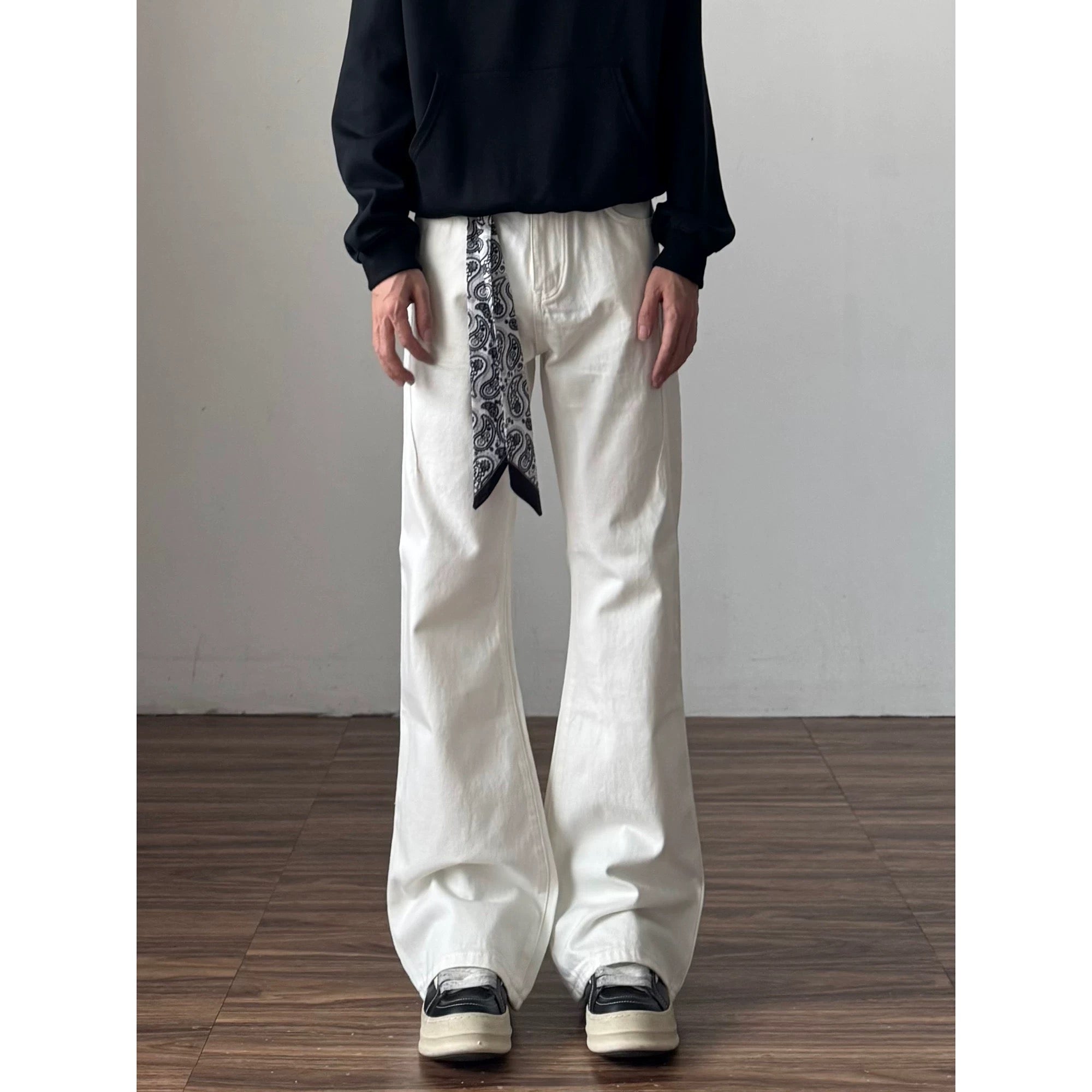 Men’s Vintage Scarf Detail Flare Jeans – American High Street Denim Pants FE0032
