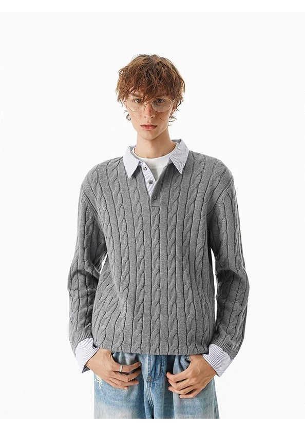 Patchwork Layered Cable Knit Sweater – Faux Two-Piece Vintage Knitwear   FE0066