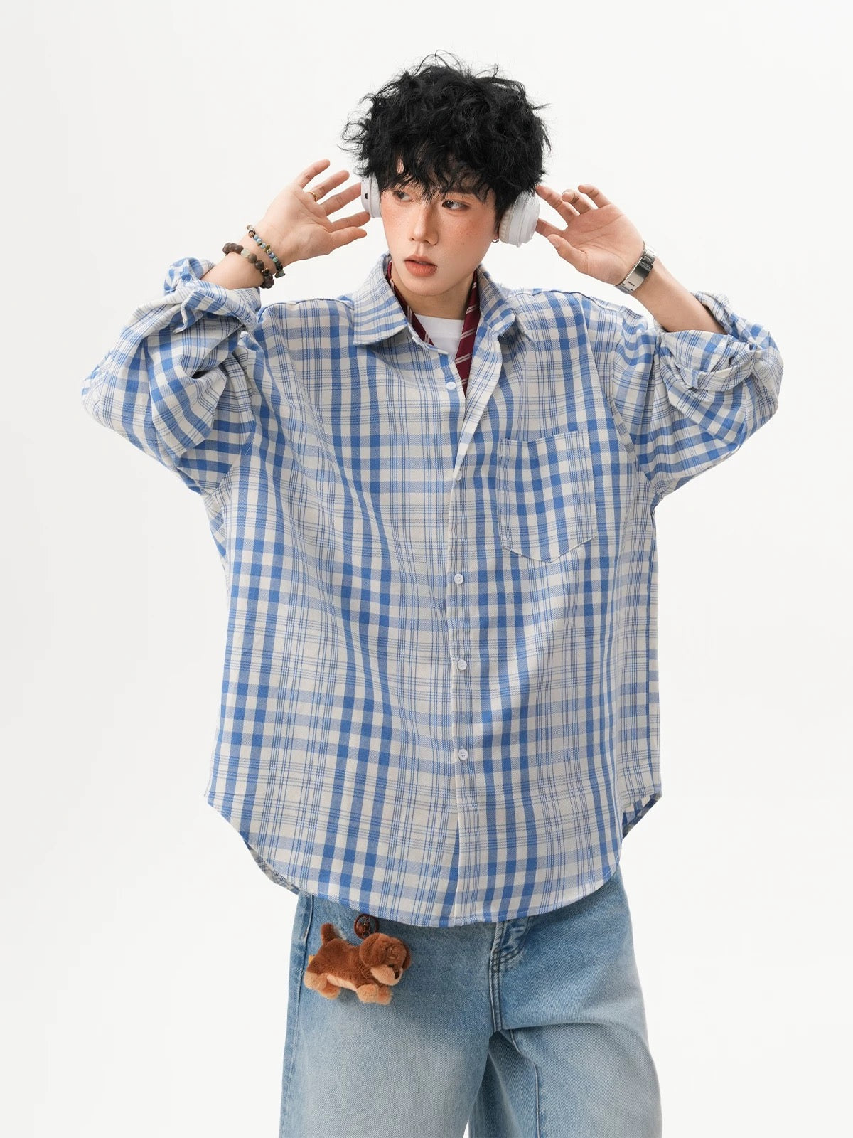 Men’s Vintage Blue Plaid Shirt – American Retro Street Casual Overshirt   FE0316