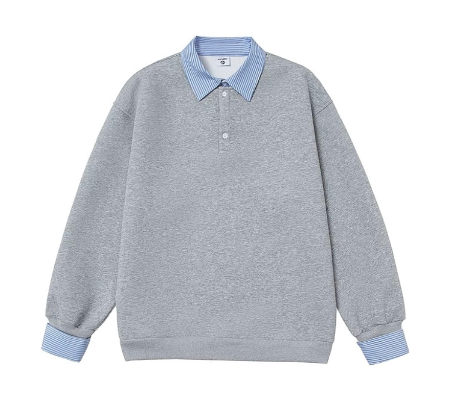Men’s Layered Stripe Collar Sweatshirt – Vintage Preppy Street Pullover   FE0008