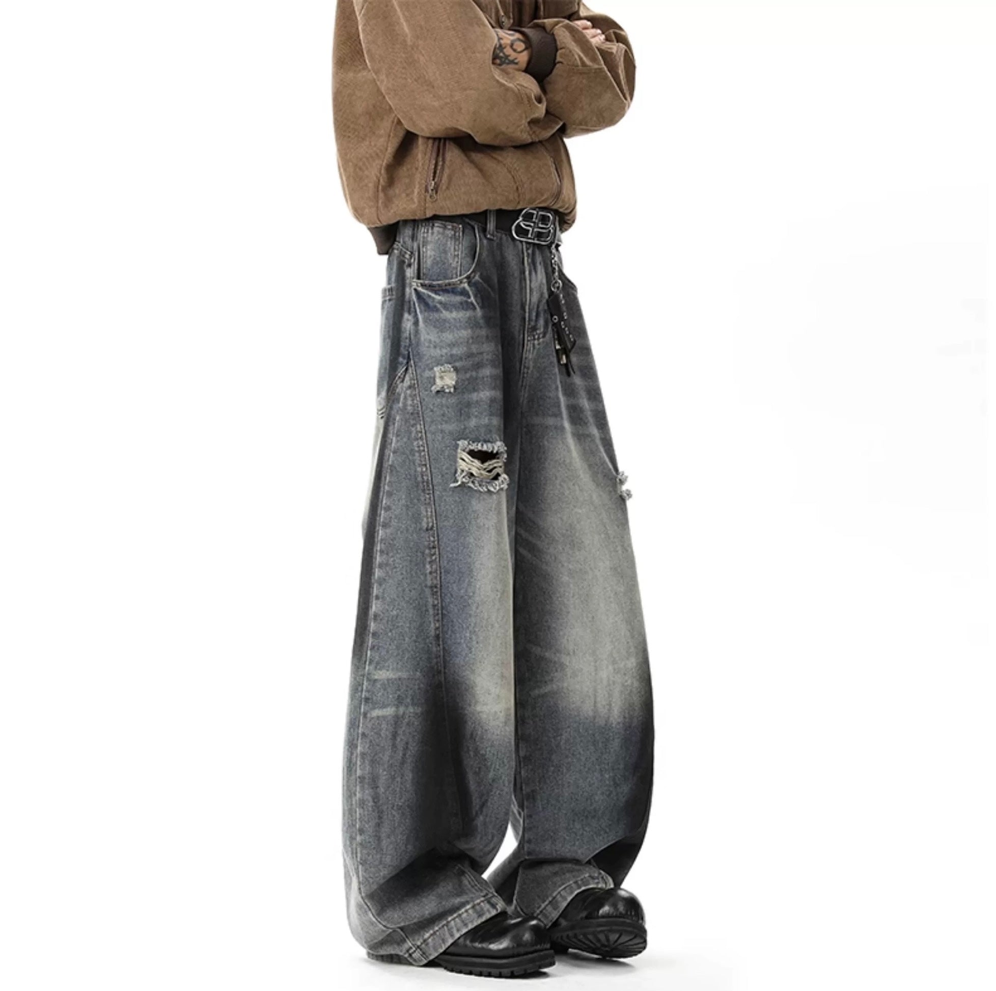 Men’s American Ripped Curved-Cut Jeans – Vintage Streetwear Wide-Leg Denim Pants  FE0289