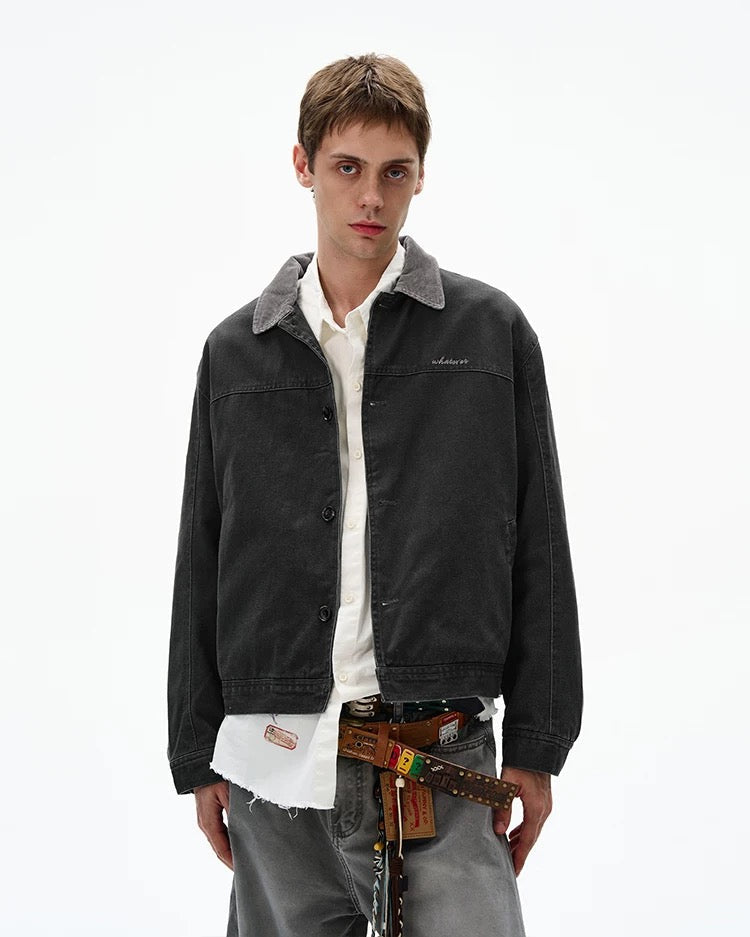 Men’s Color-Block Workwear Jacket – American Retro Contrast Collar Utility Outerwear  FE0005