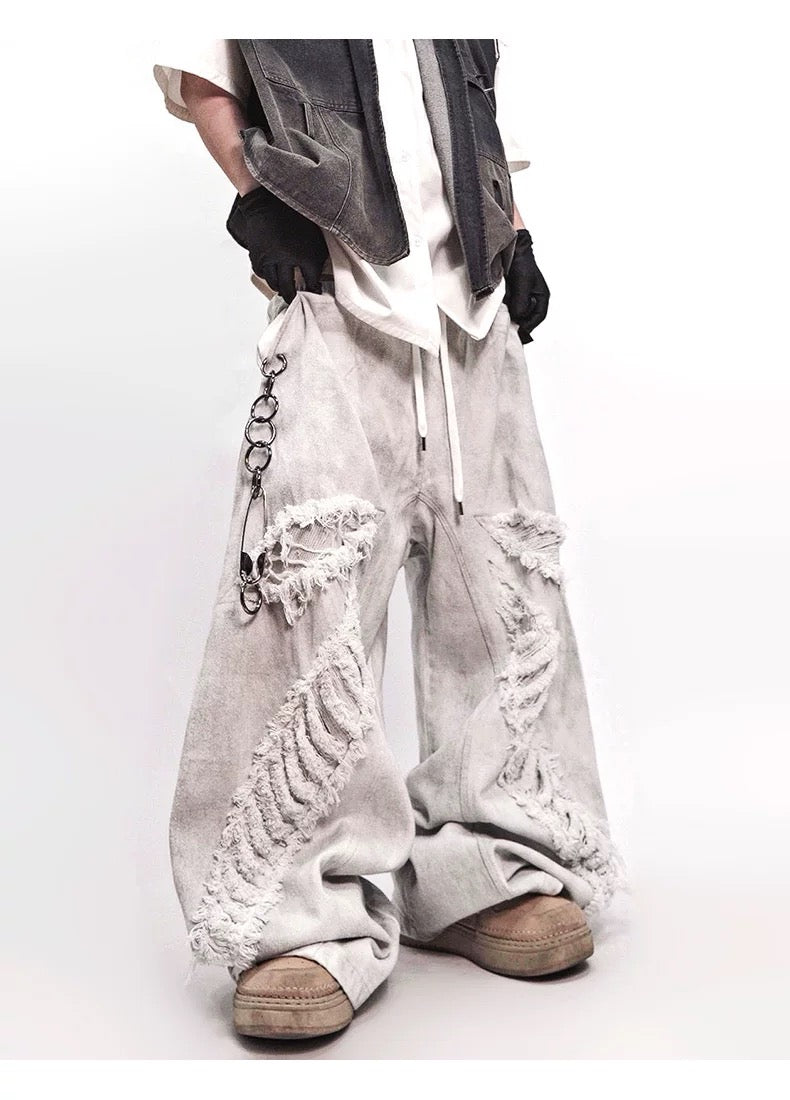Men’s Vintage Distressed Washed White Denim Jeans  FE0283