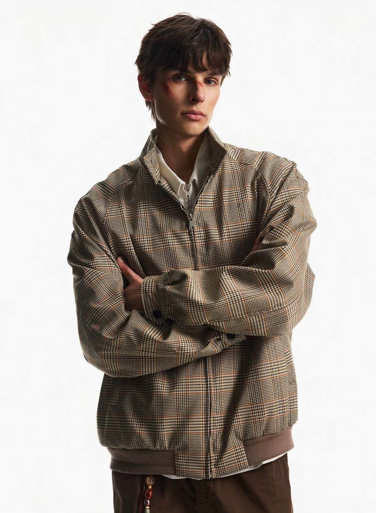 Men’s Houndstooth Harrington Jacket – American Retro Preppy Street Outerwear  FE0030