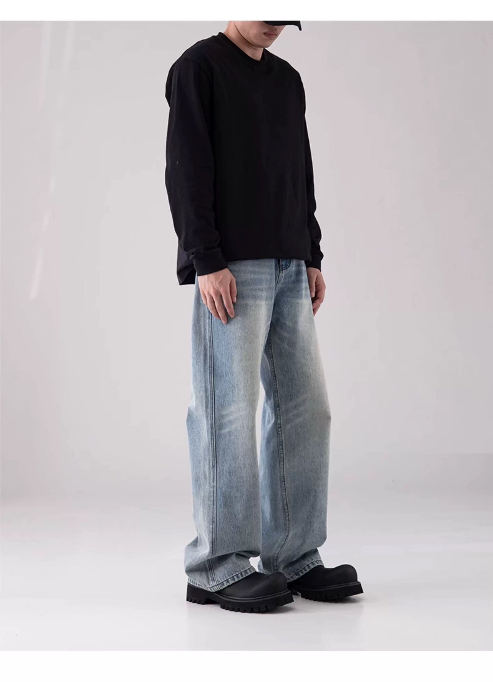 Men’s Vintage Washed Wide-Leg Jeans – American Retro Streetwear Denim   FE0037