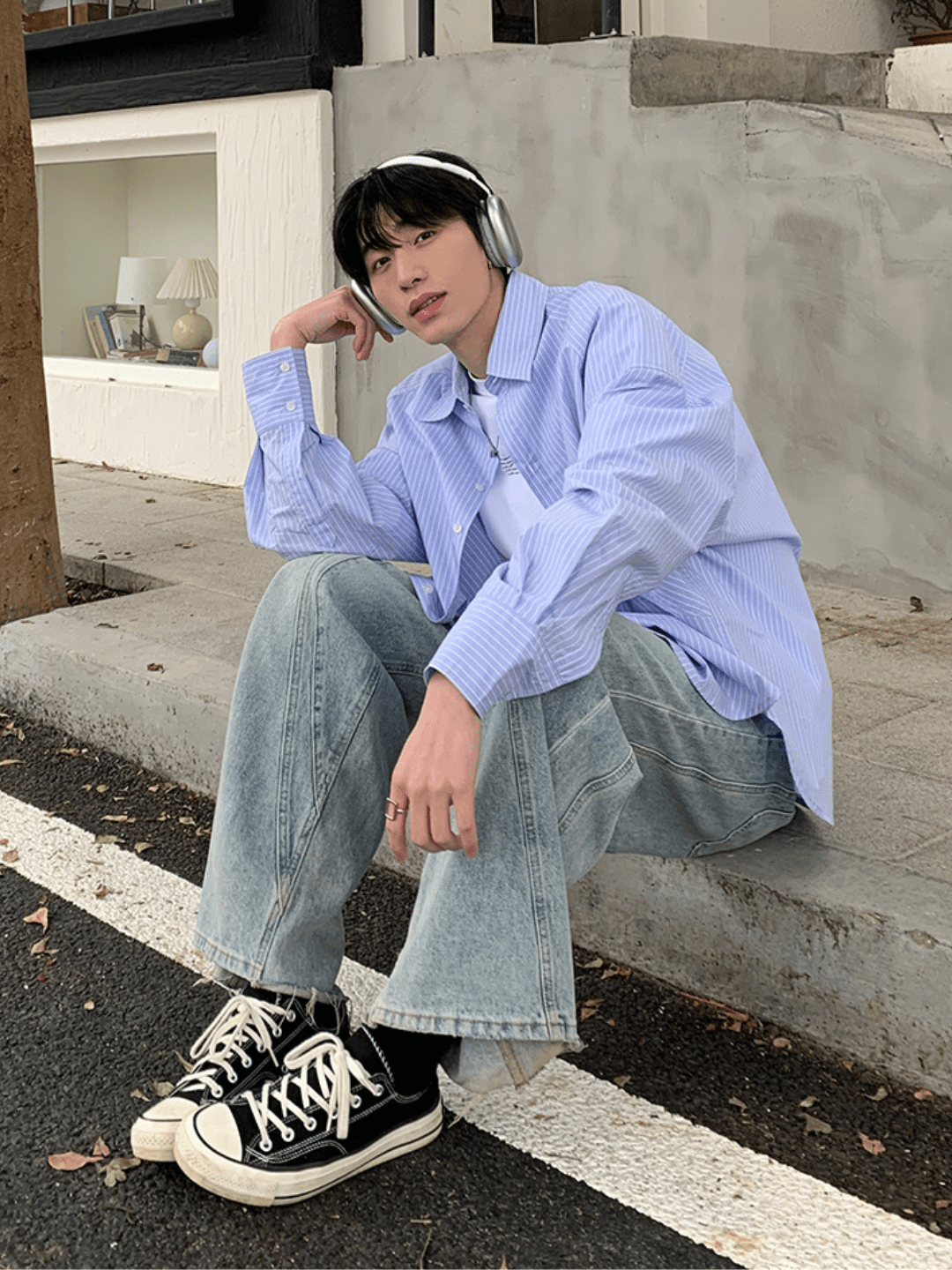 [ONELYC1NS] korean blue and white loose shirt   FE0191