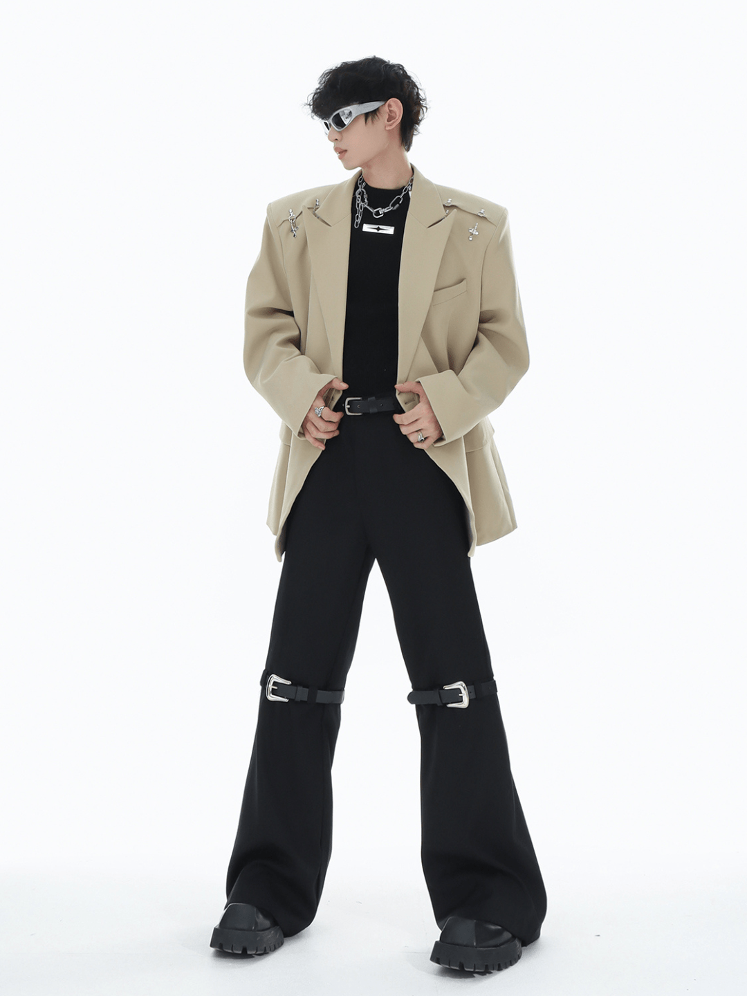 metal button multi drape straight pants FE0415