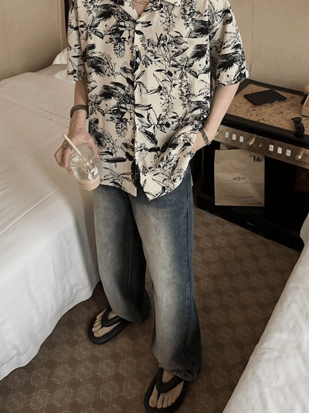 [JM HOMME] Tide Printed Short-sleeved Shirt   FE0557