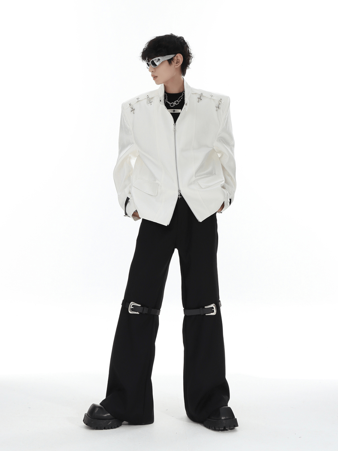metal button multi drape straight pants FE0415