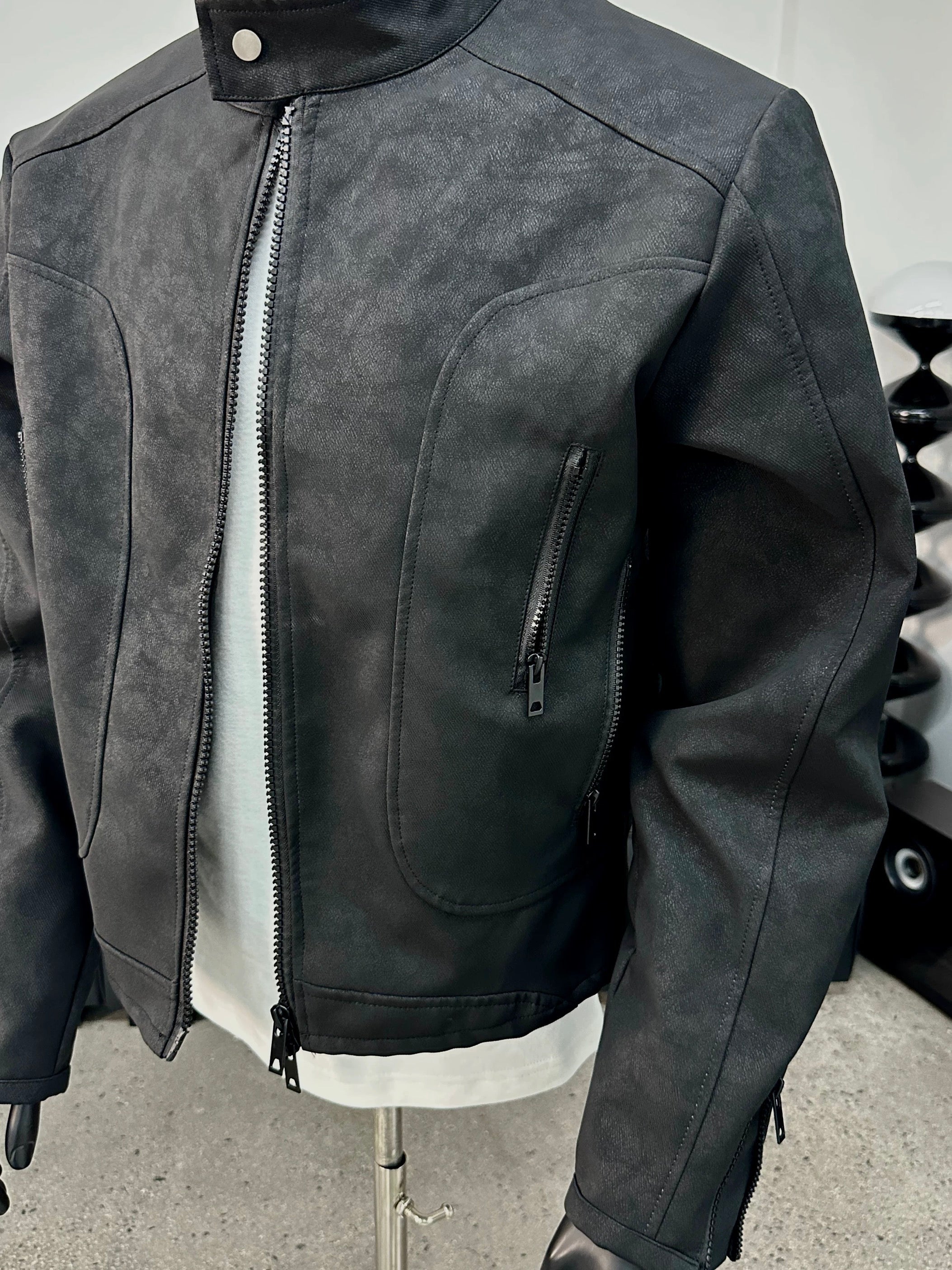 Men’s Deconstructed Patchwork Stand Collar Jacket – American Retro Street Outerwear FE0036