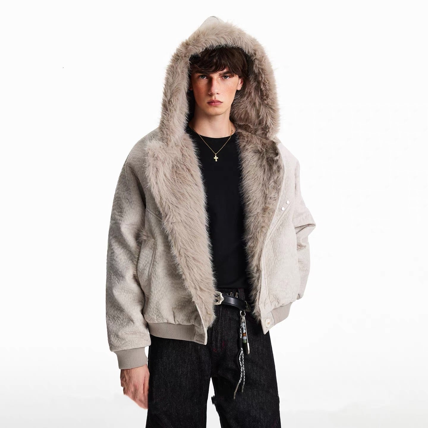 American Vintage Faux Rabbit Fur Hooded Jacket   FE0080